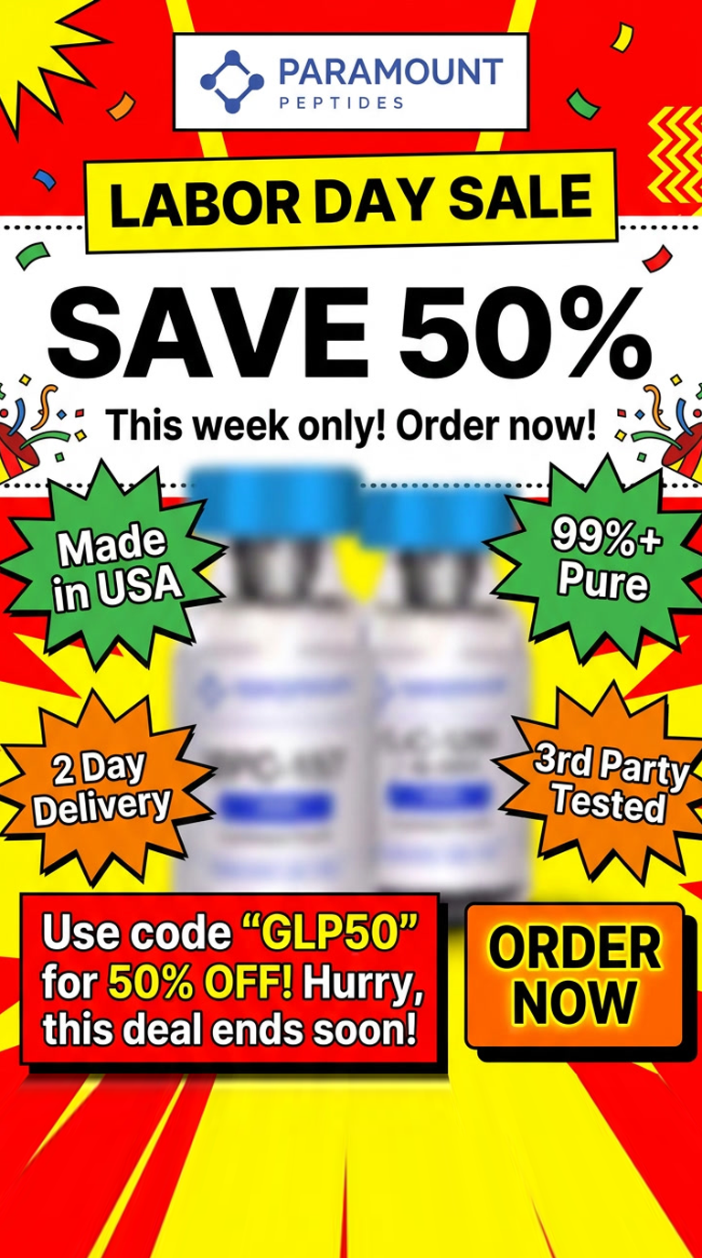Paramount Peptides Sale Facebook ad: 50% OFF GIP's Labor Day Sale!