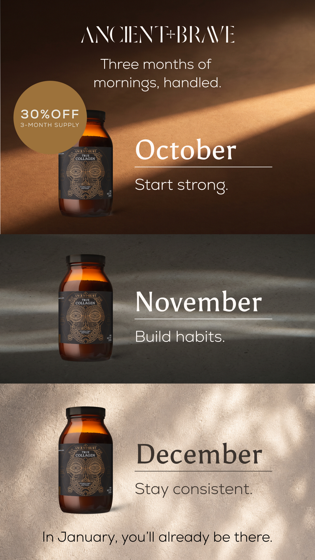 Ancient + Brave Facebook ad: Subscribe and Save 30% Off your Three Month Supply