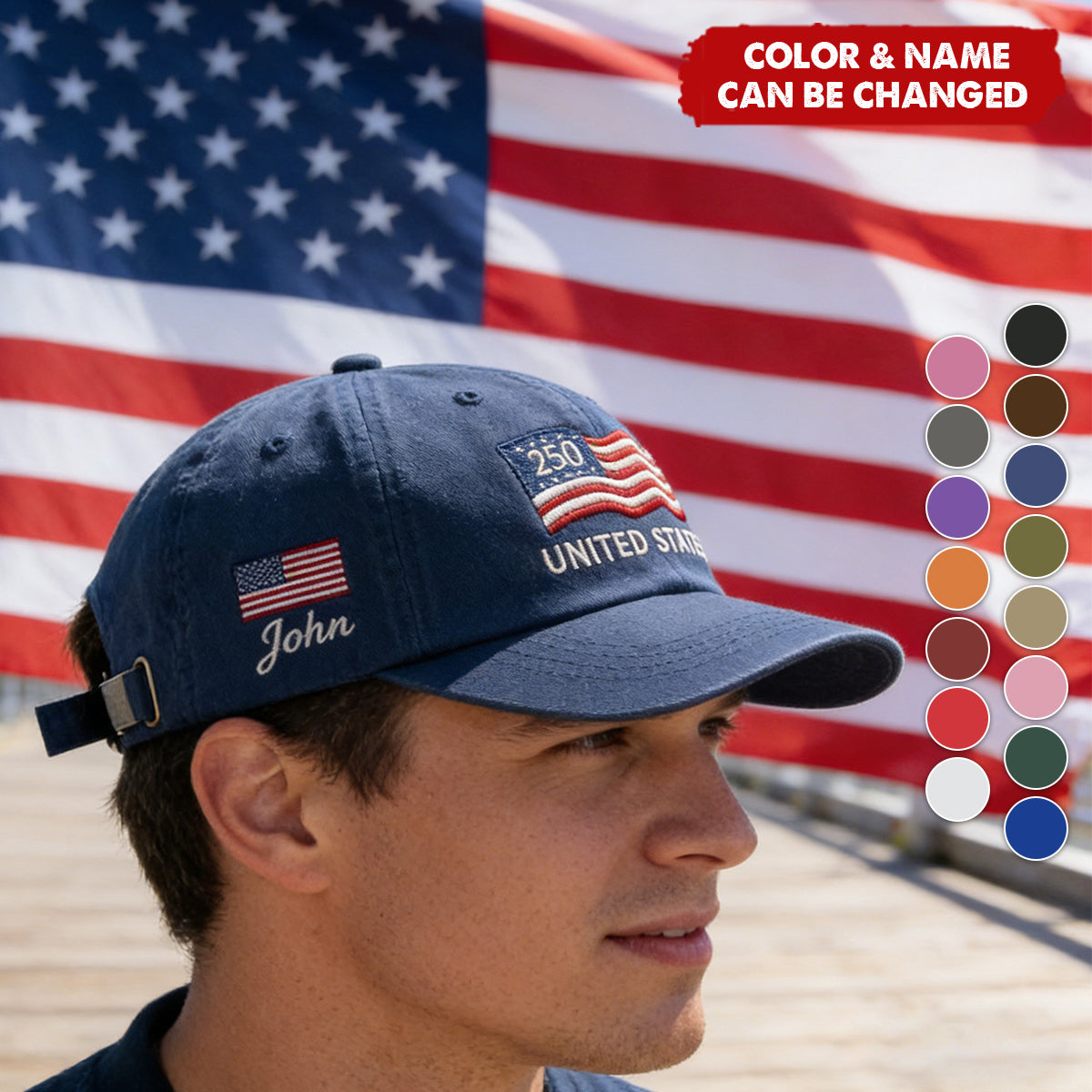 Moerge Facebook ad: Custom Name United States 250th Anniversary Hat…