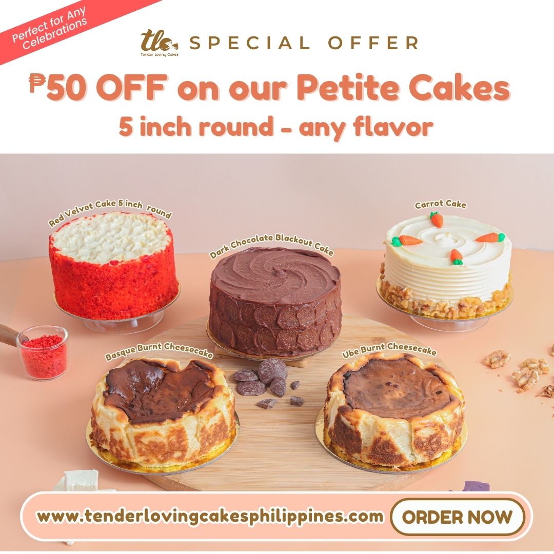 Tender Loving Cakes PH Facebook ad: ₱50 OFF Any Petite Cake! Chat with us now!