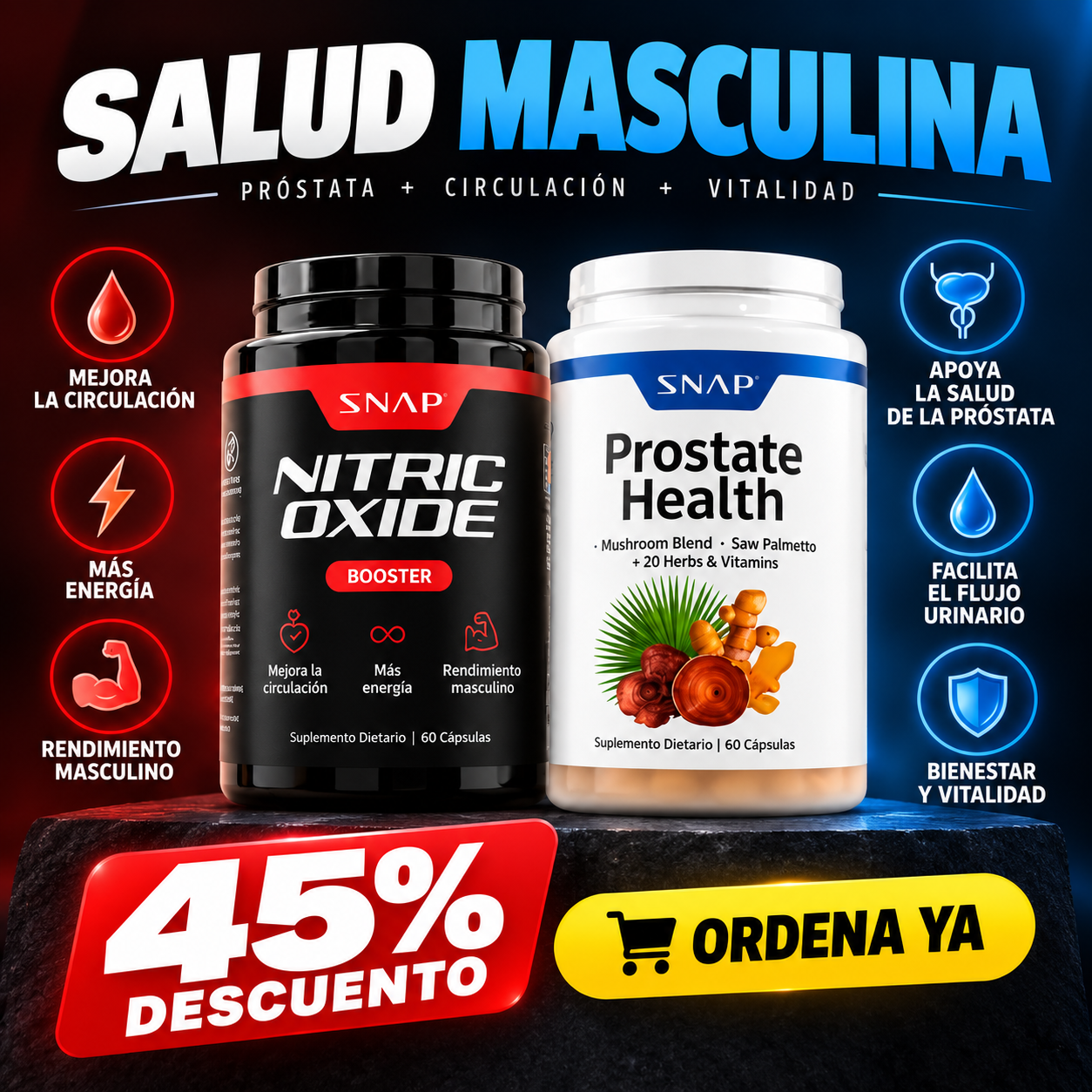 Nubbi Market Facebook ad: 2-Pack Suplementos Salud Masculina: Prostata + Óxido Nítrico