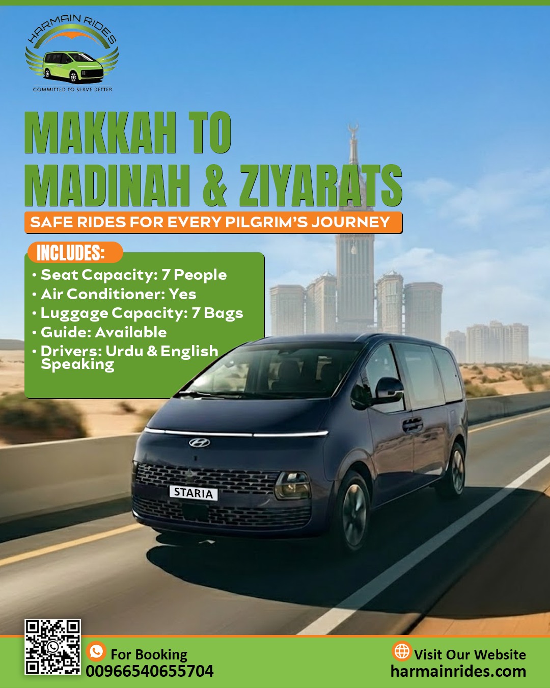 Harmain Rides Facebook ad: Travel safely and comfortably between Makkah and Madinah…