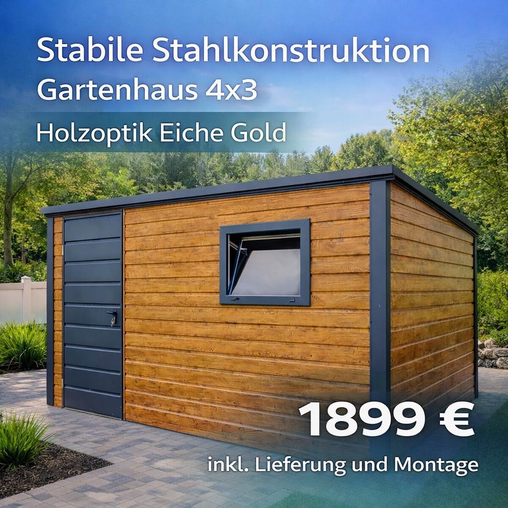 Robstal - Stahlkonstruktionen, Blechgaragen Facebook ad: Gartenhaus 4×3 m, 1.899 € inkl. Lieferung und.Montage