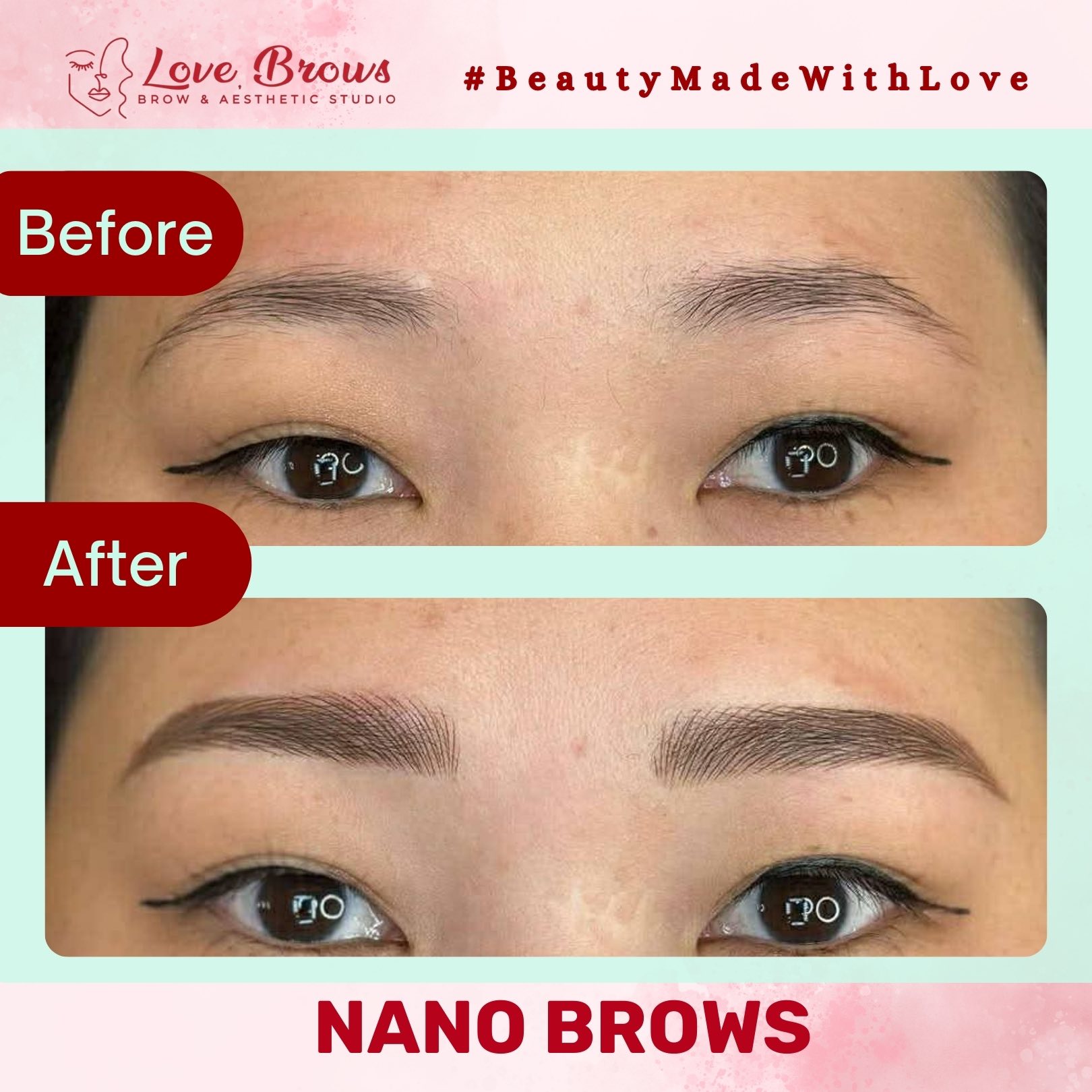 Love, Brows Studio Facebook ad: Nano Brows, natural thin brows.