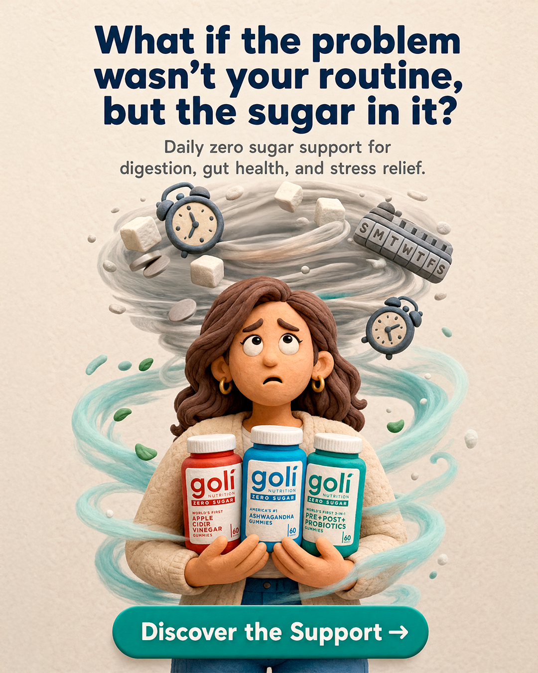 Goli Facebook ad: Digestion, Gut & Stress in Three Gummies