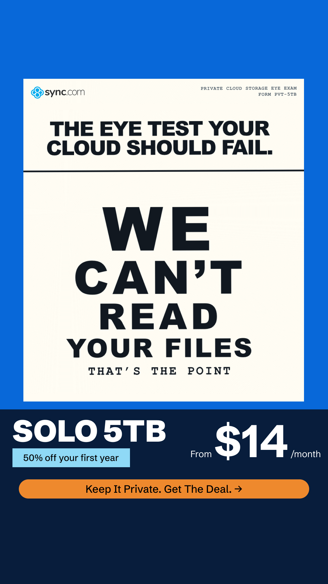 Sync.com Facebook ad: 5TB Private Storage, 50% Off