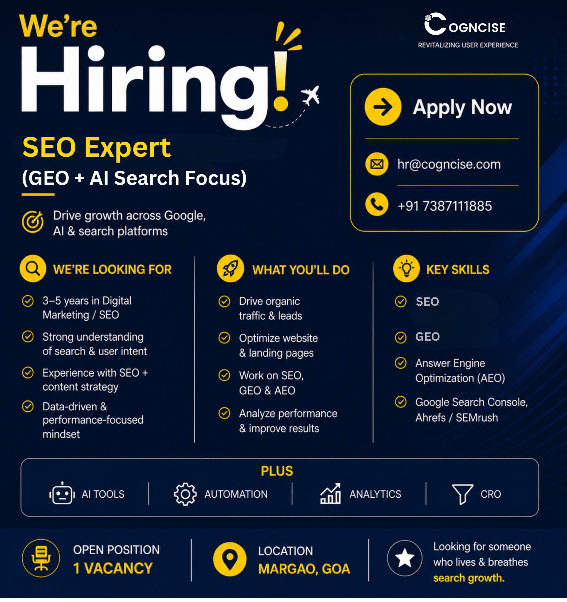 Cogncise Facebook ad: Hiring SEO Expert - Immediate Joiners Only!