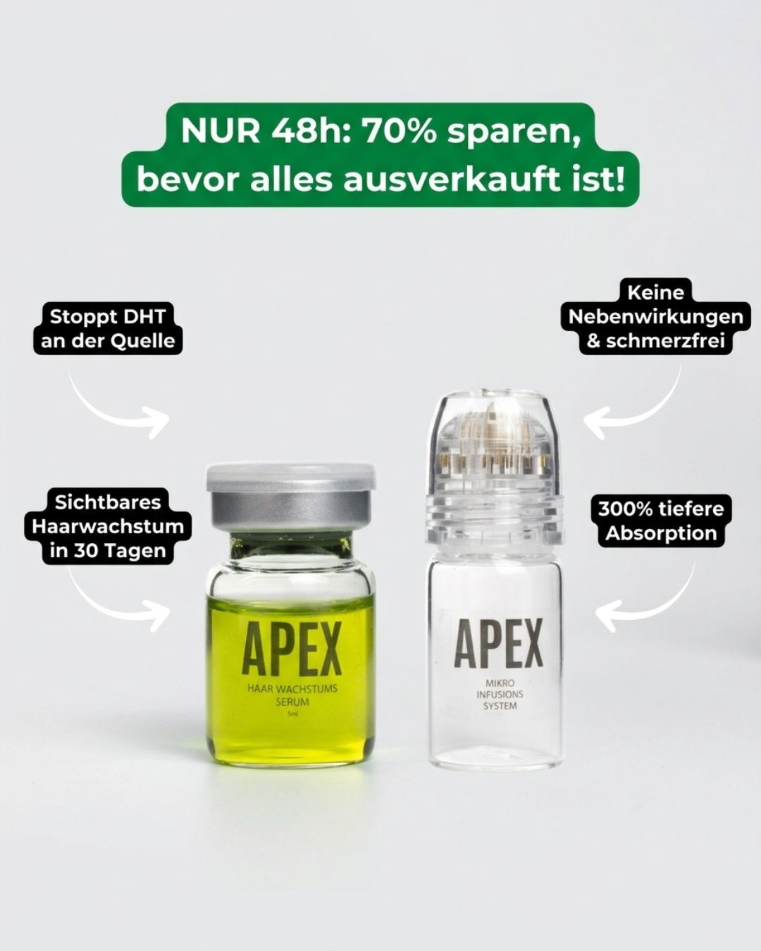 Rootlab Facebook ad: Volles Haar in 3-5 Wochen oder Geld zurück.
