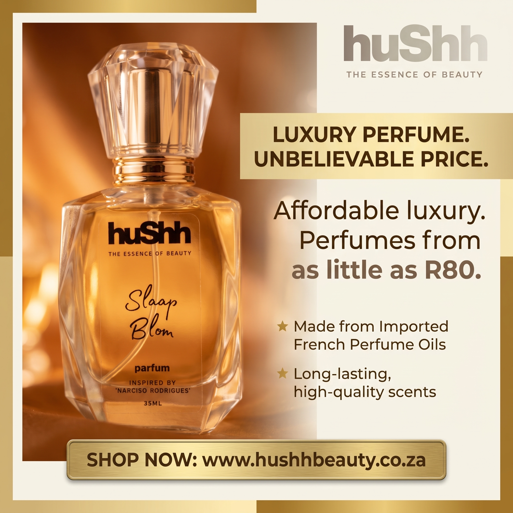 Hushh Beauty Facebook ad: Experience affordable luxury at huShh Beauty.