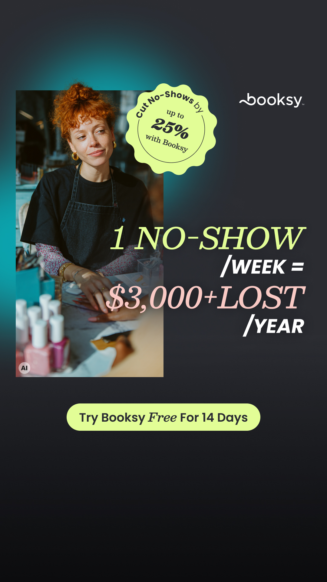 Booksy Facebook ad: Try Booksy FREE for 14 days. No credit card or commitment…