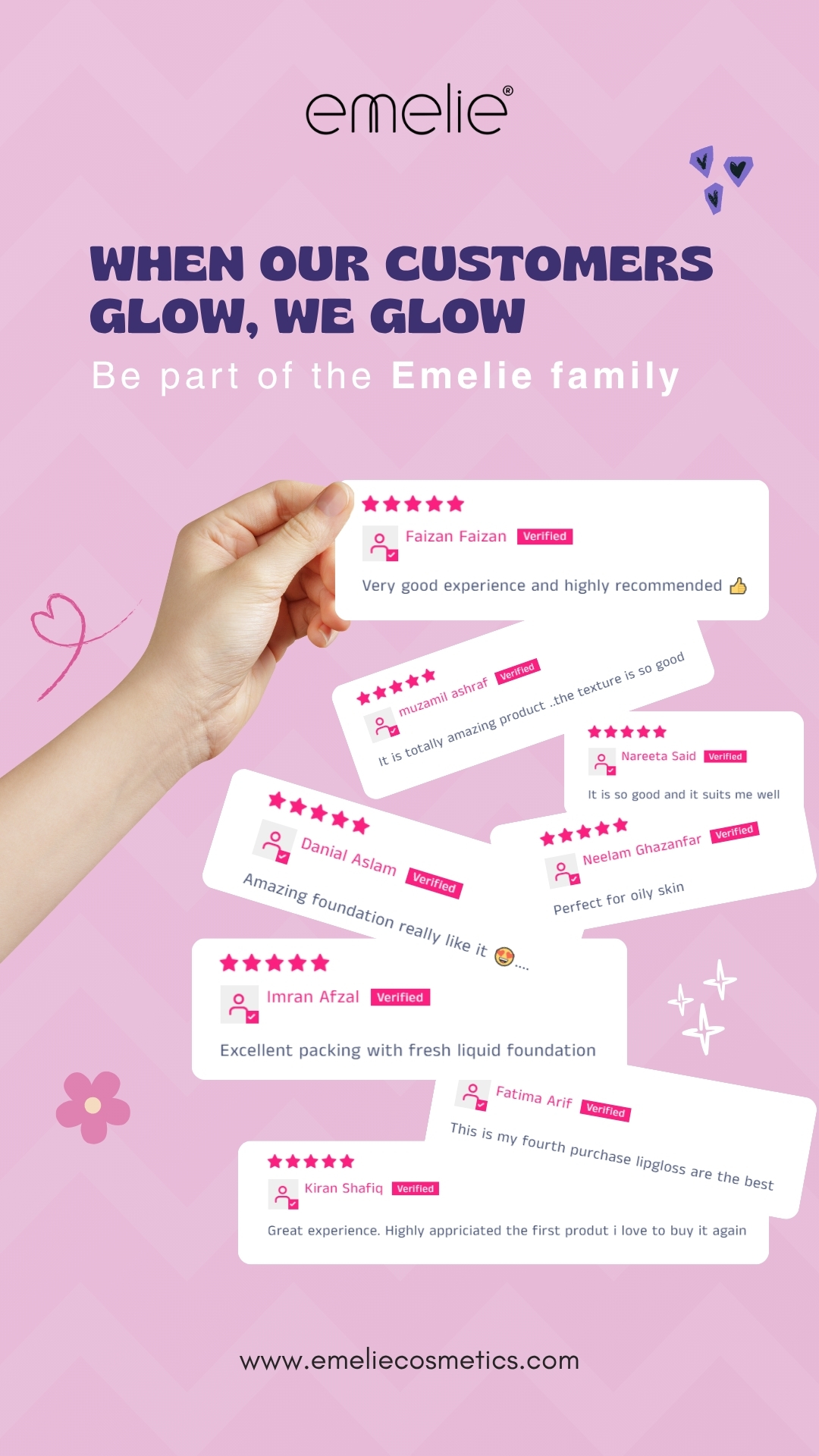 Emelie Cosmetics Facebook ad: Like our page