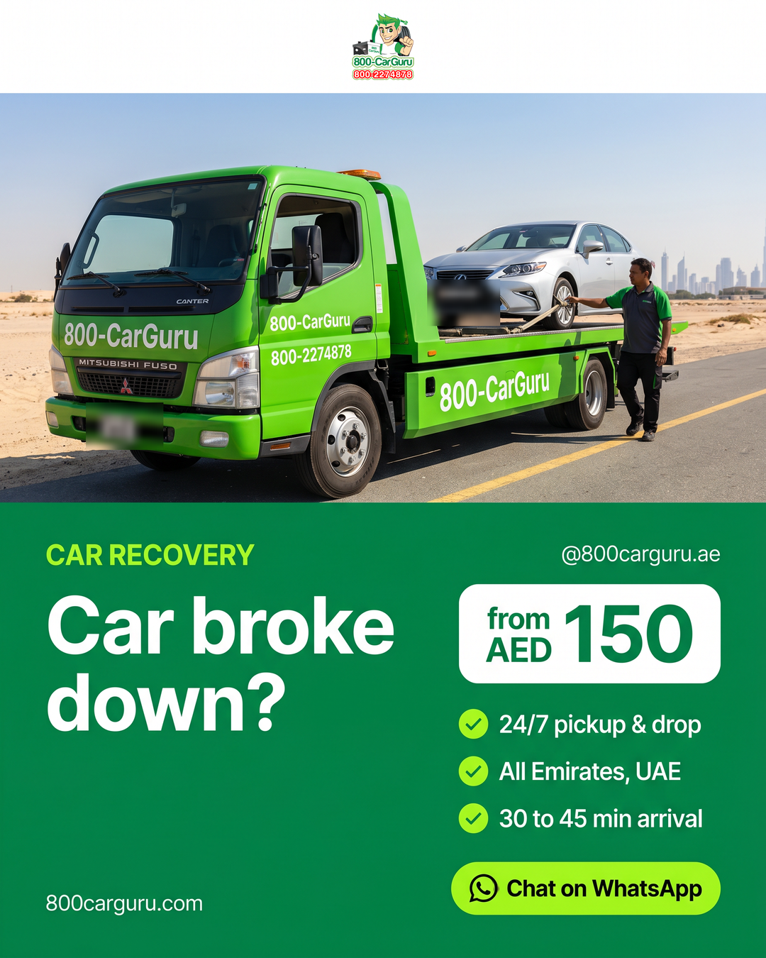 800CarGuru Facebook ad: 24/7 recovery, from AED 150