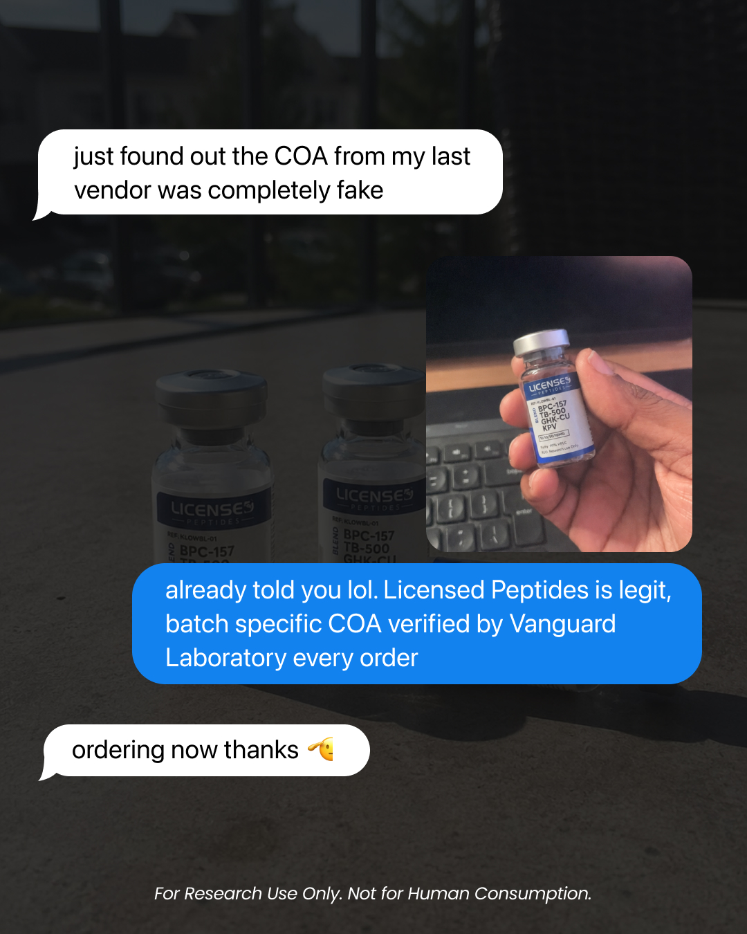LicensedPeptides.com Facebook ad: Don't Trust. Verify Us.