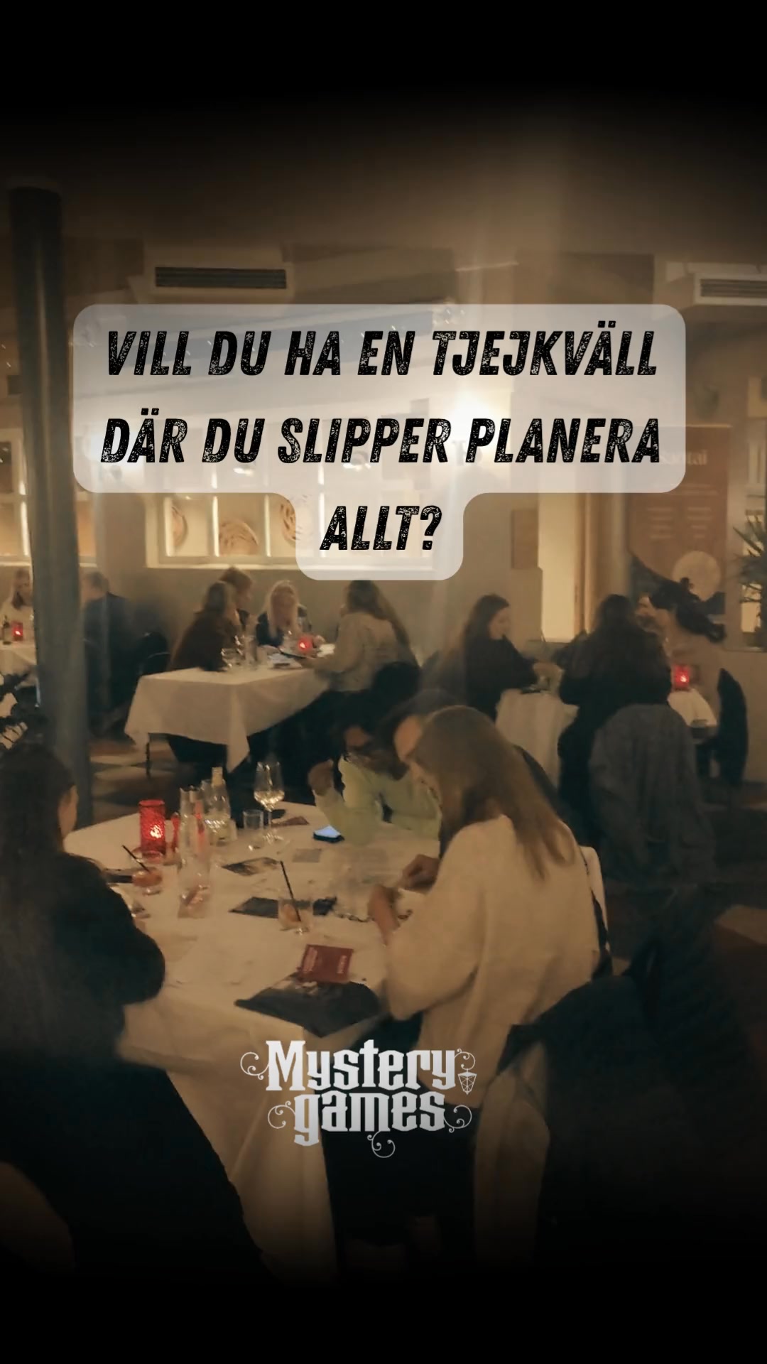 Mystery Games Facebook ad: Vill du ha skratt, middag och mordgåta utan…