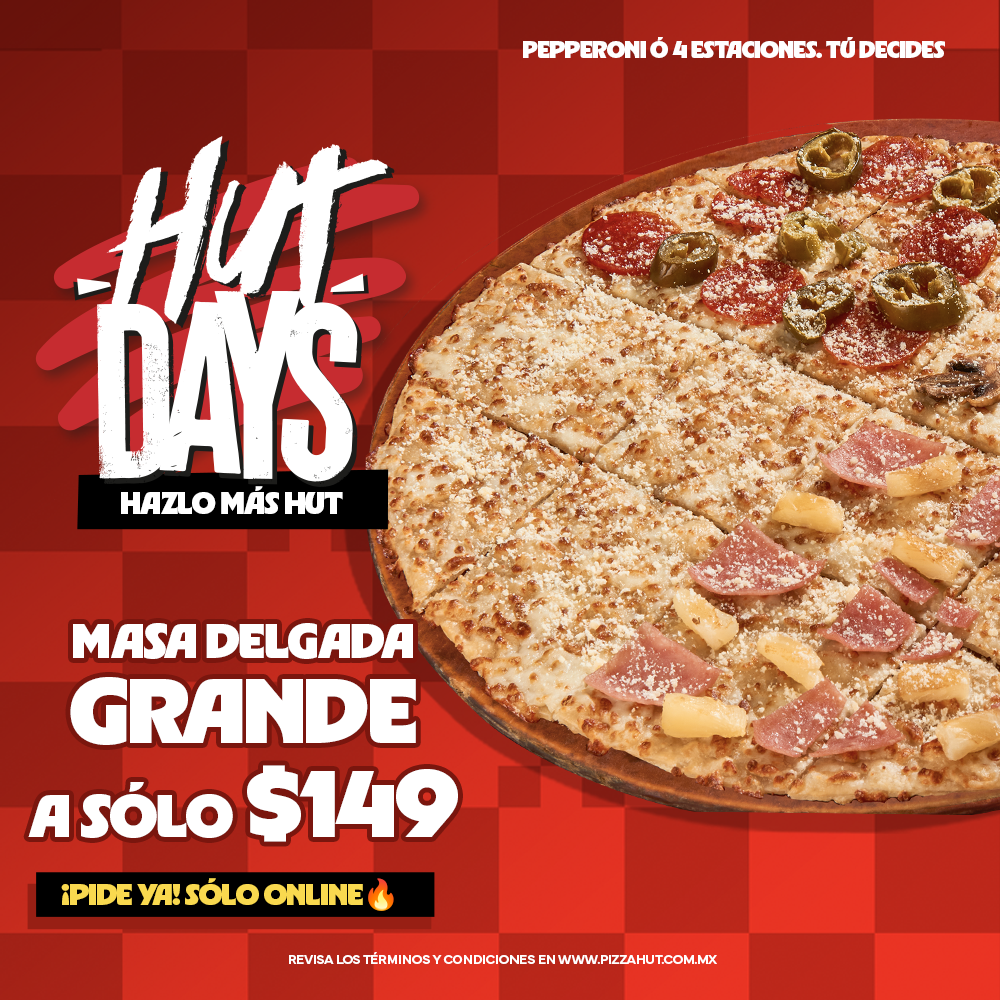 Pizza Hut México Facebook ad: Pizza grande de masa delgada por solo $149