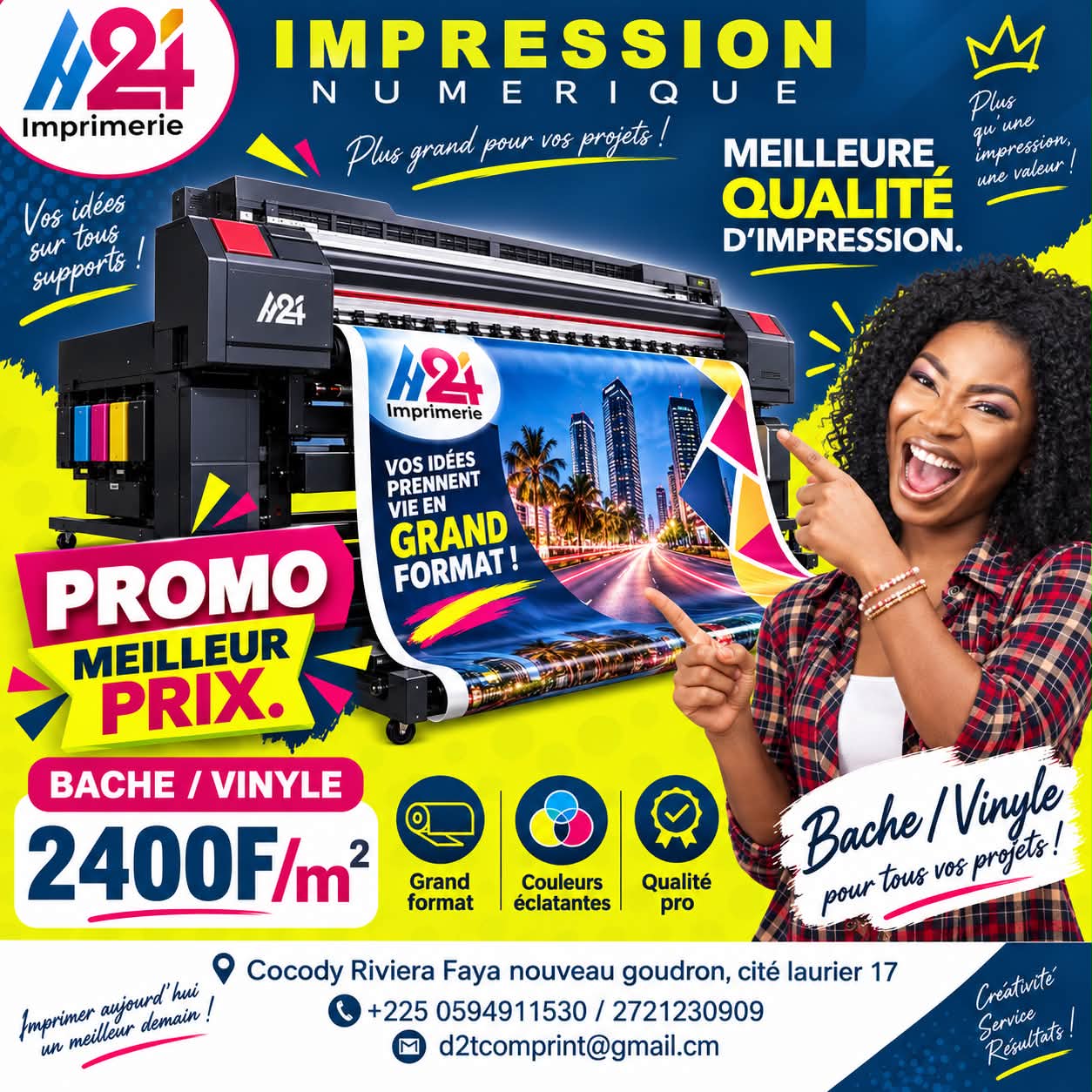 H24 Imprimerie Facebook ad: PROMO SPÉCIALE IMPRESSION, QUALITÉ PRO, LIVRAISON RAPIDE!