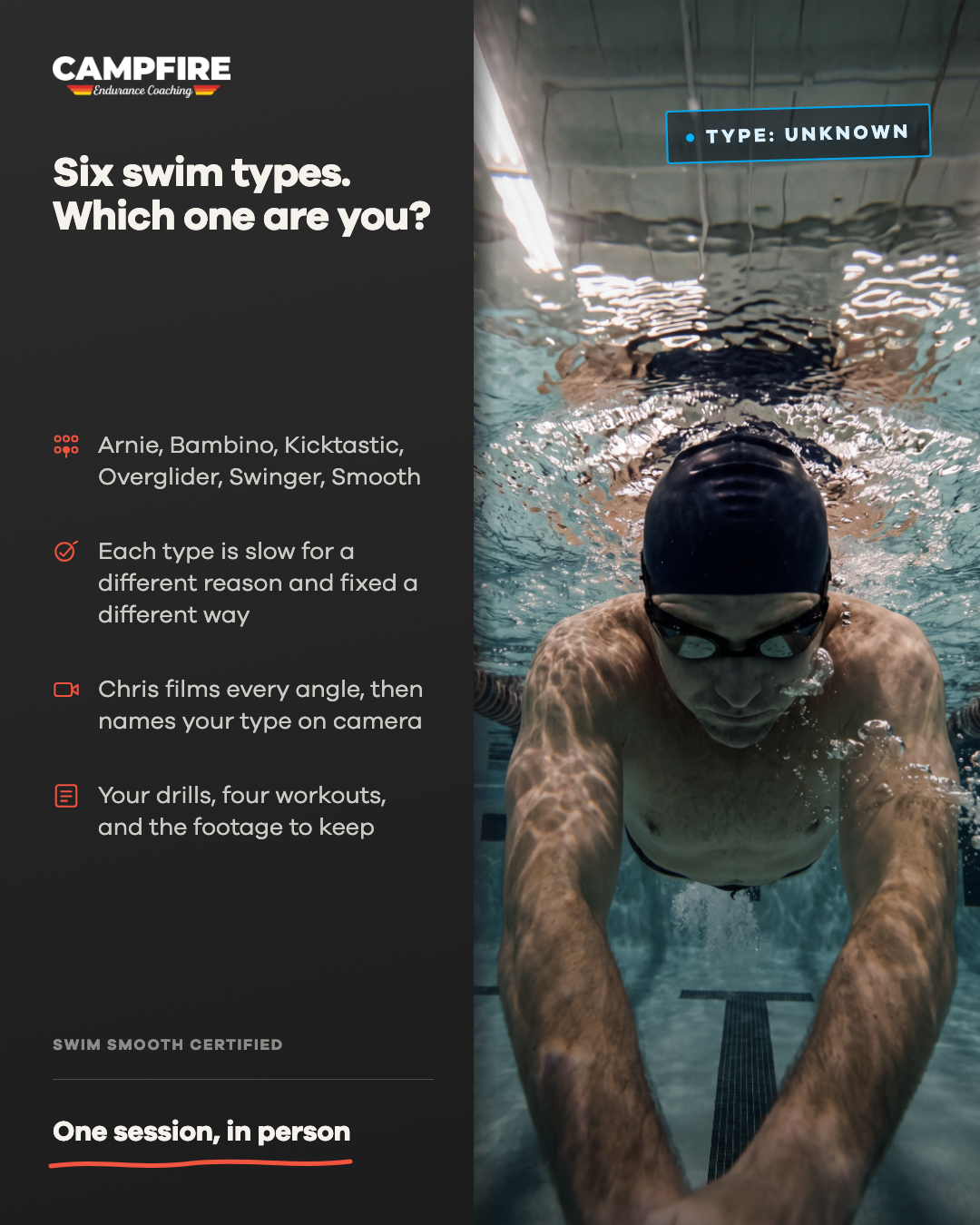 Campfire Endurance Coaching Facebook ad: Six swim types. Which one are you?