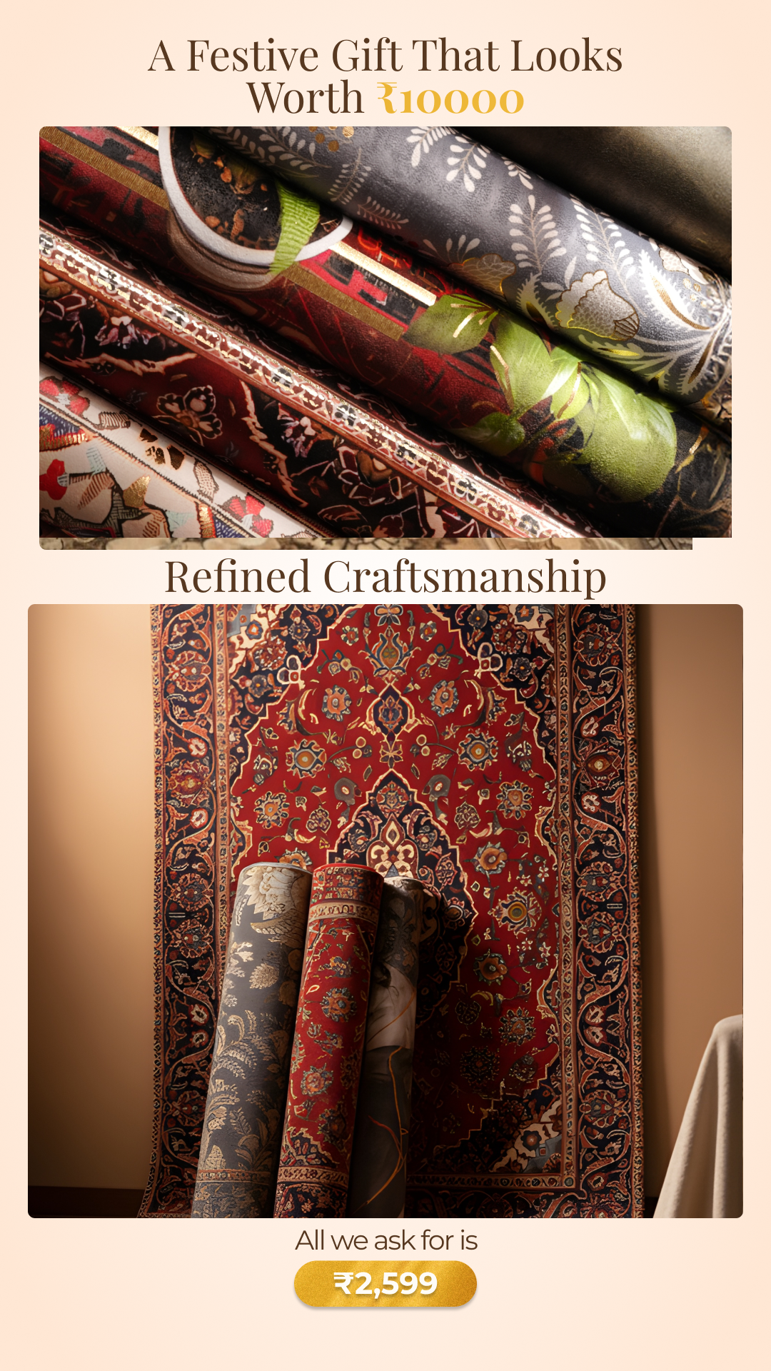 PittariSpaces Facebook ad: Flat 50% Off on Gold-Pressed Luxury Rugs