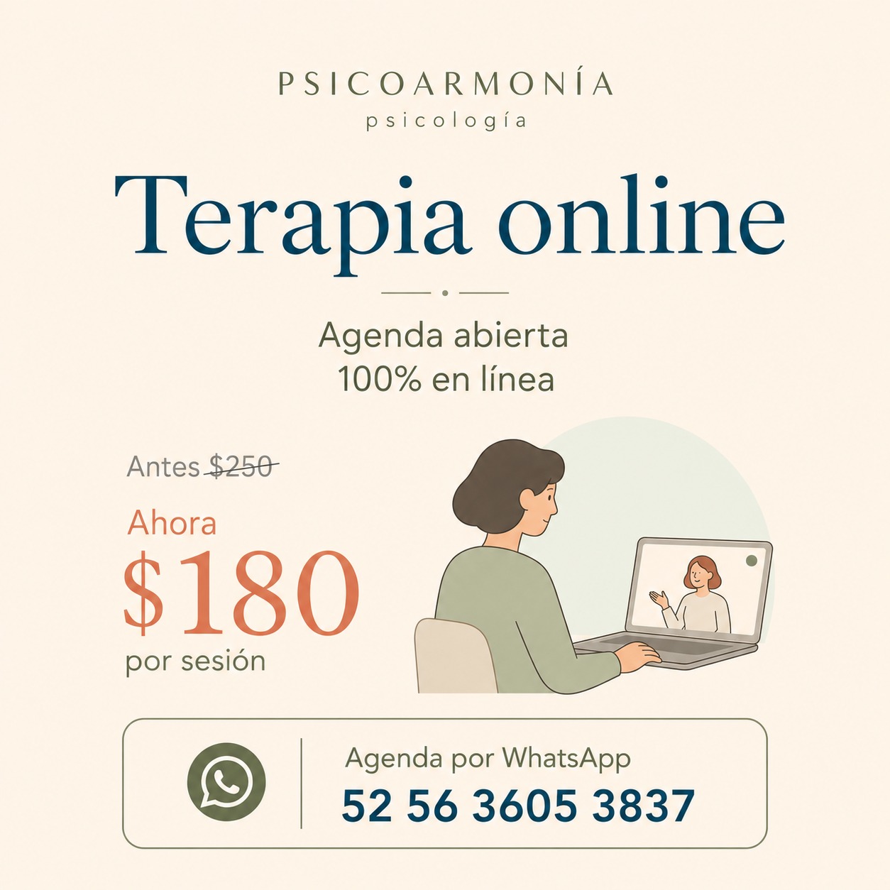 PsicoArmonía Facebook ad: Terapia psicológica 100% en línea desde $180 MXN.
