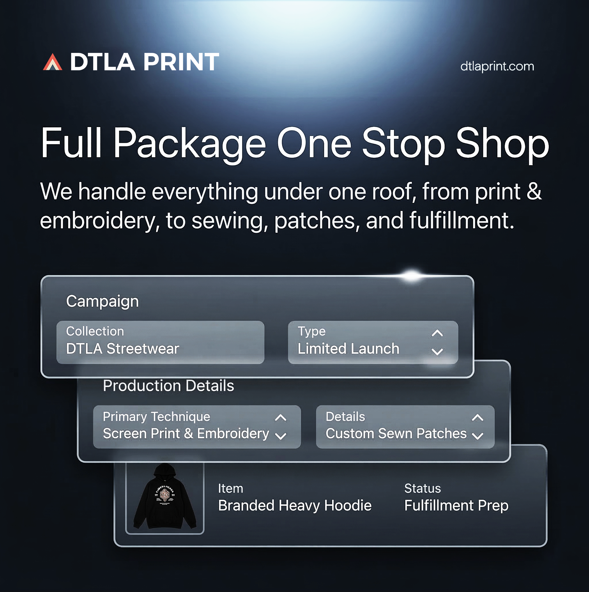 DTLA Print Facebook ad: Stop juggling multiple vendors for your custom apparel.