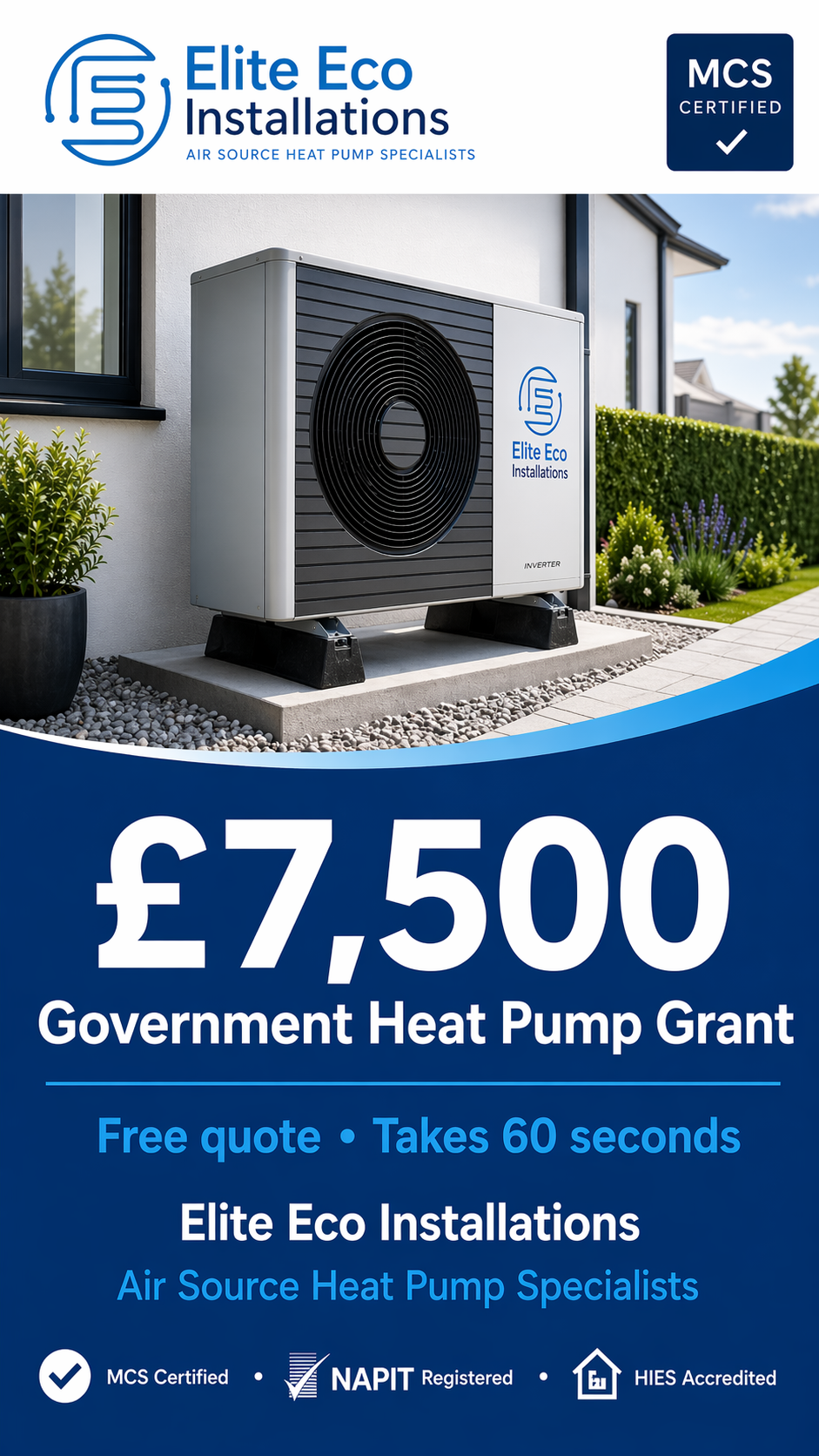 Elite Eco Installations Facebook ad: £7,500 Off Your Heat Pump