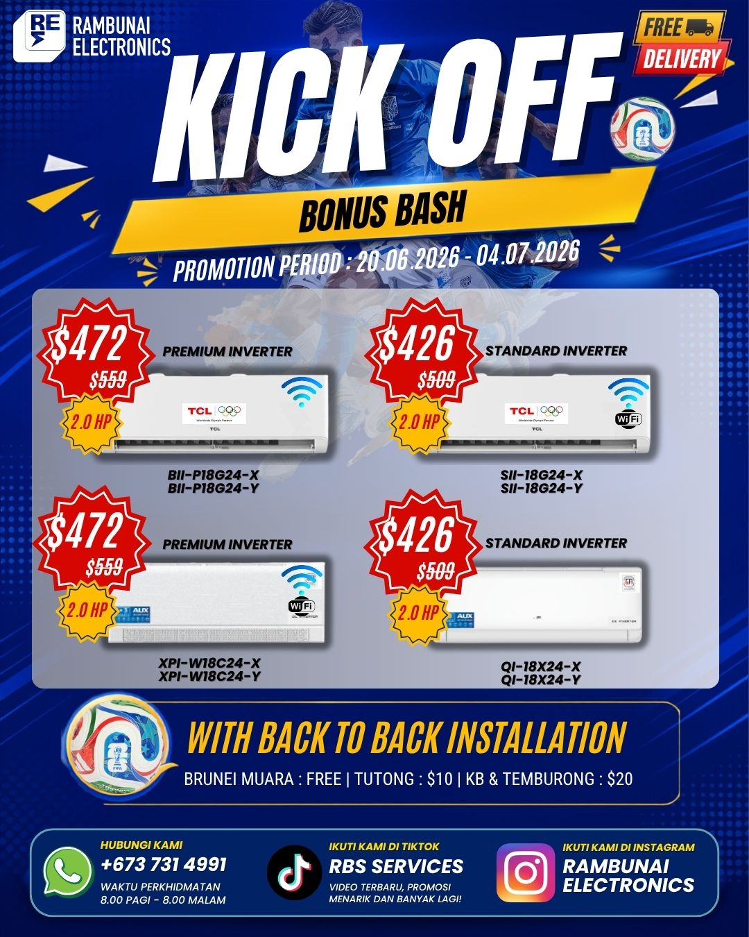 Rambunai Electronics Facebook ad: KICK OFF BONUS BASH, JIMAT BESAR DI RAMBUNAI…