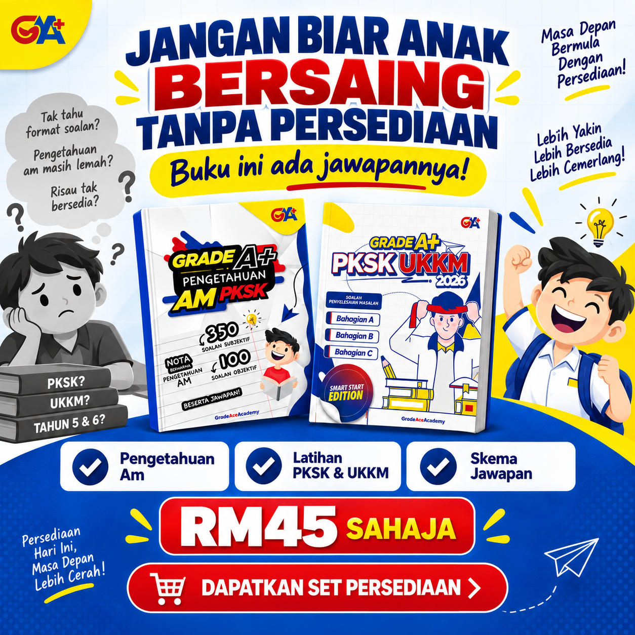 Grade Ace Academy Facebook ad: 2 Buku PKSK & UKKM Hanya RM45