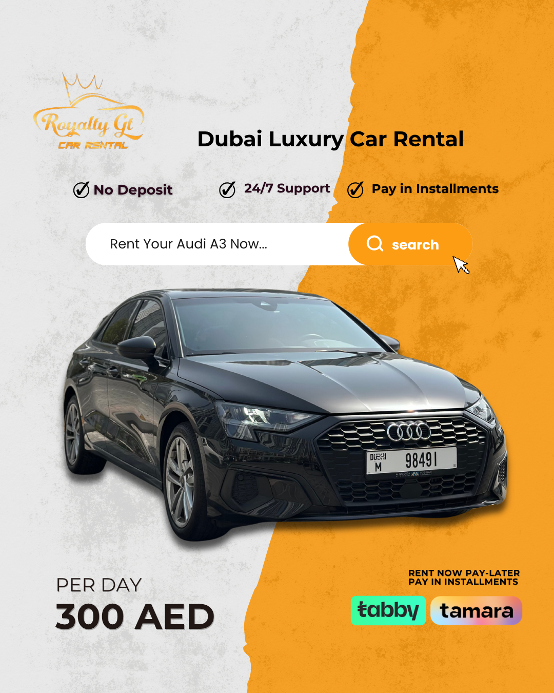 Royalty GT Car Rental Facebook ad: No Deposit
