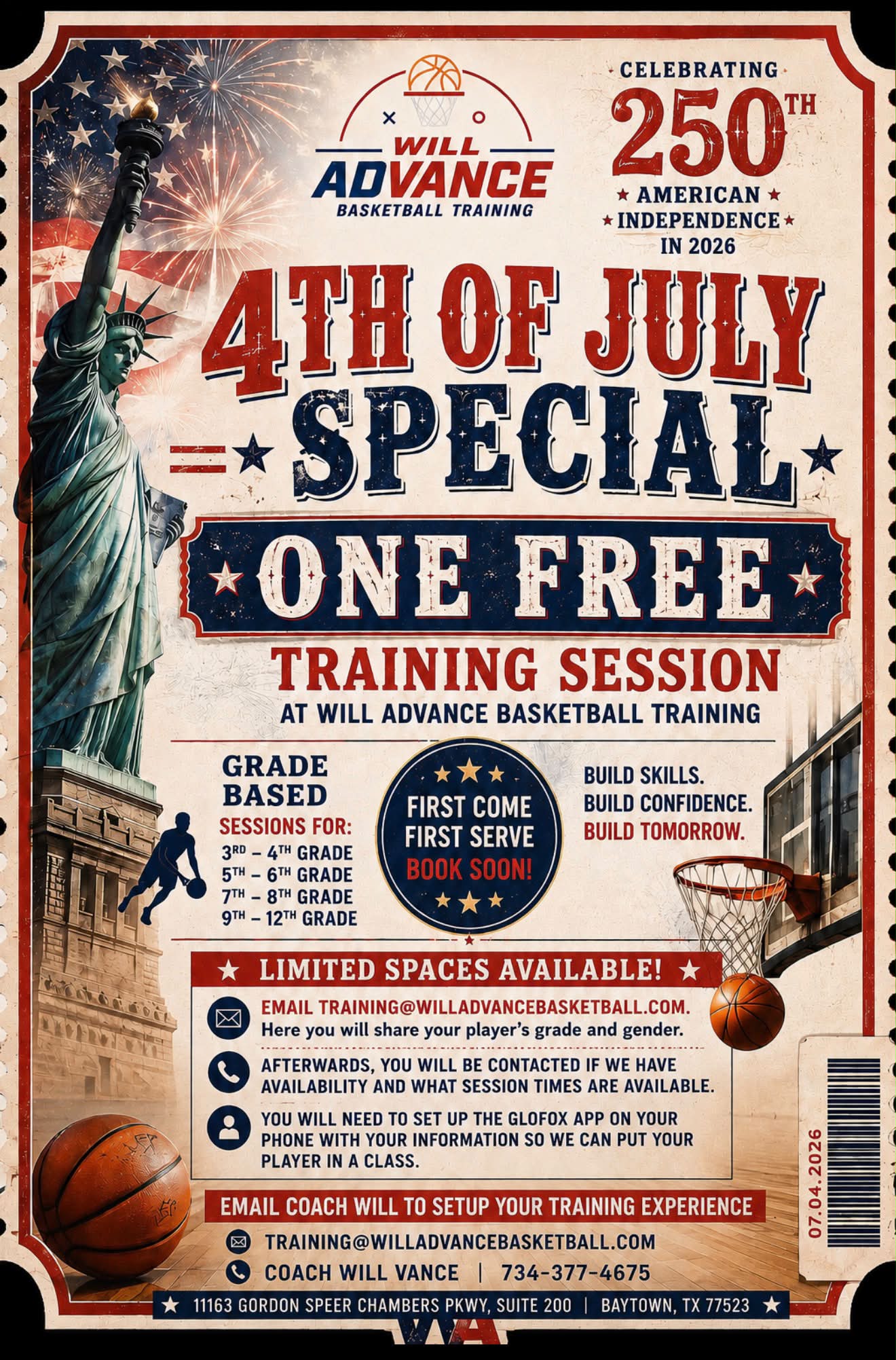 Will Advance Basketball Training Facebook ad: Happy 4th of July from Will Advance Basketball…