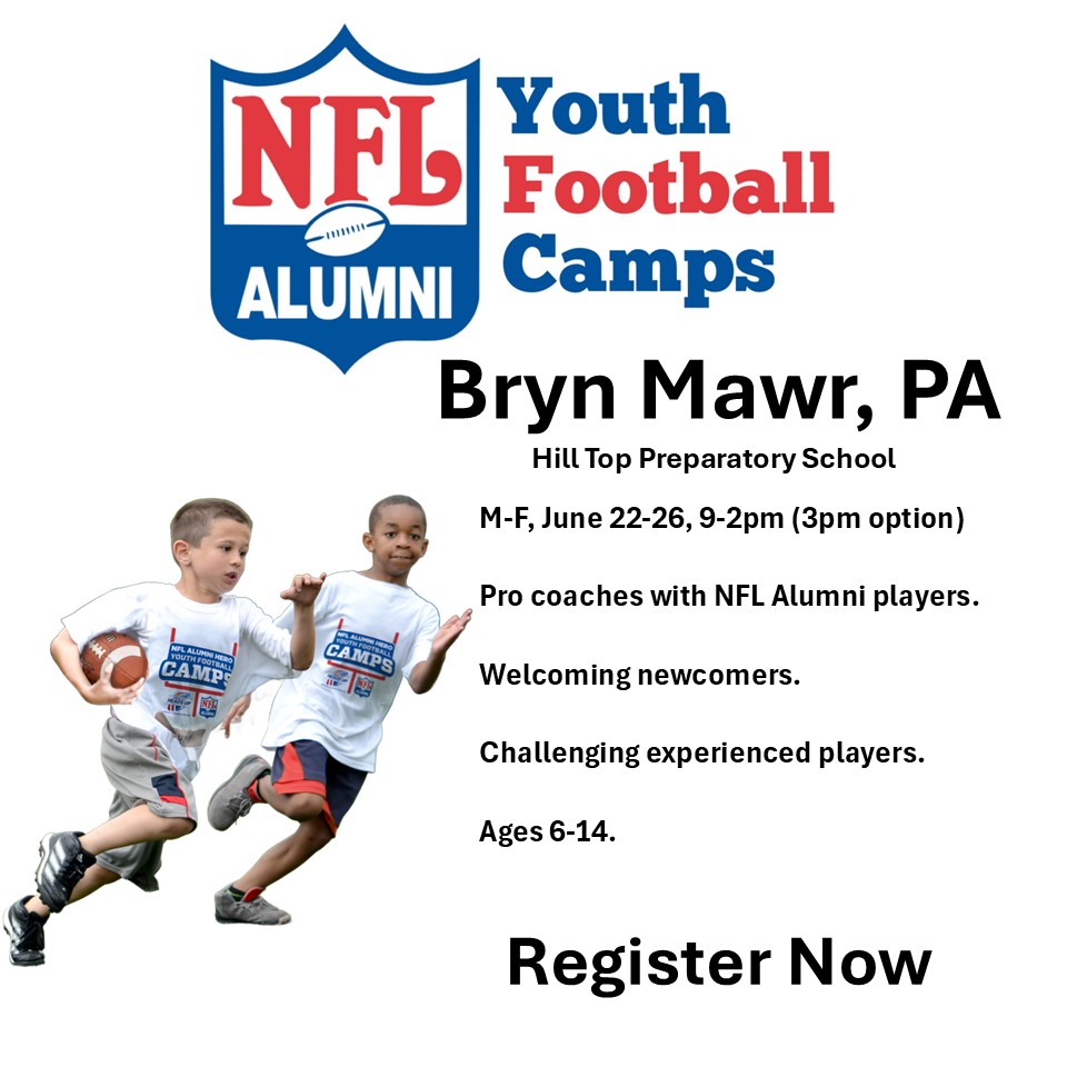 Philadelphia NFL Alumni Youth Football Camps Facebook ad: Bryn Mawr area families, now a full-day football…