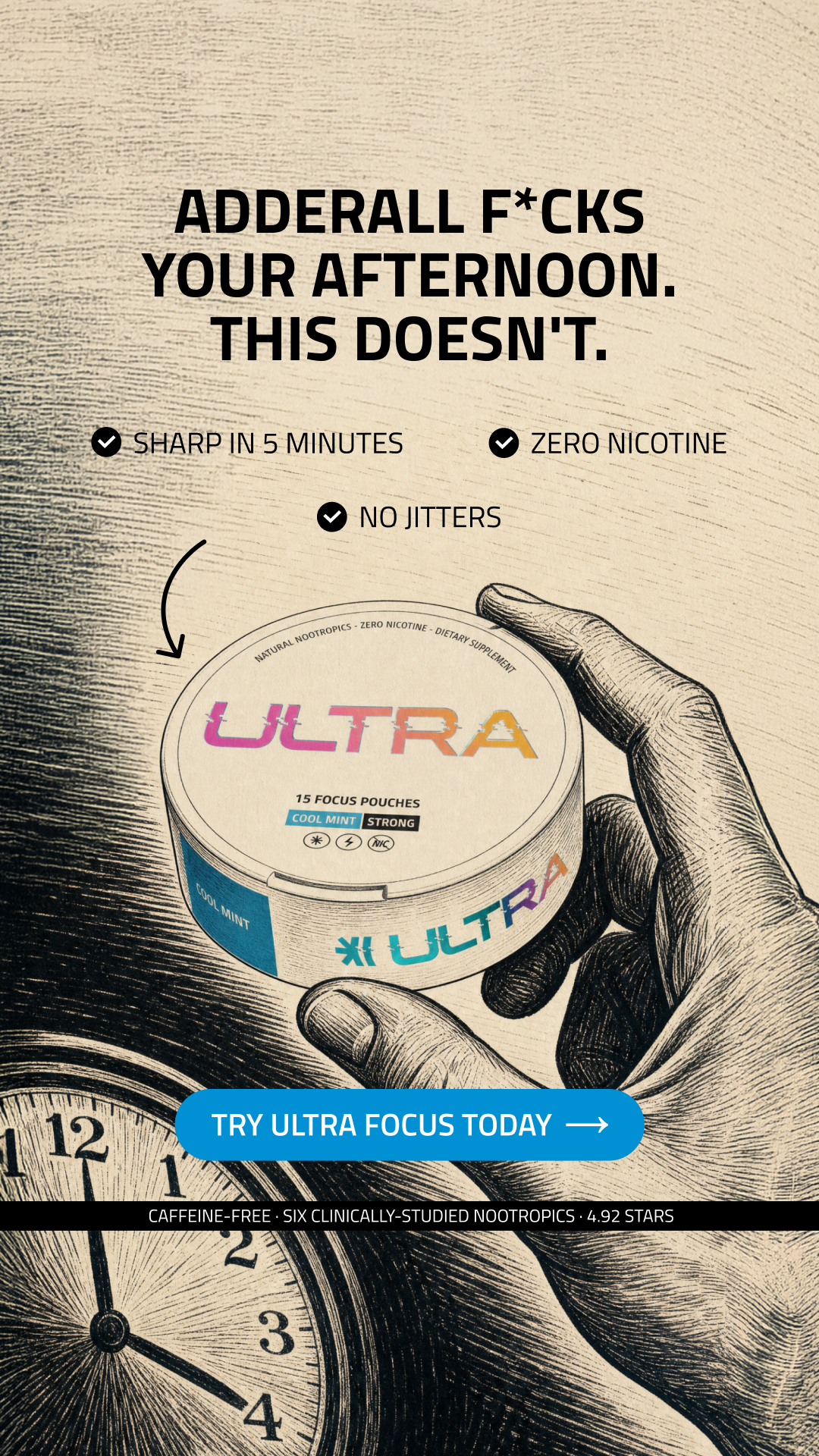 Ultra Pouches Facebook ad: Focus Without Nicotine