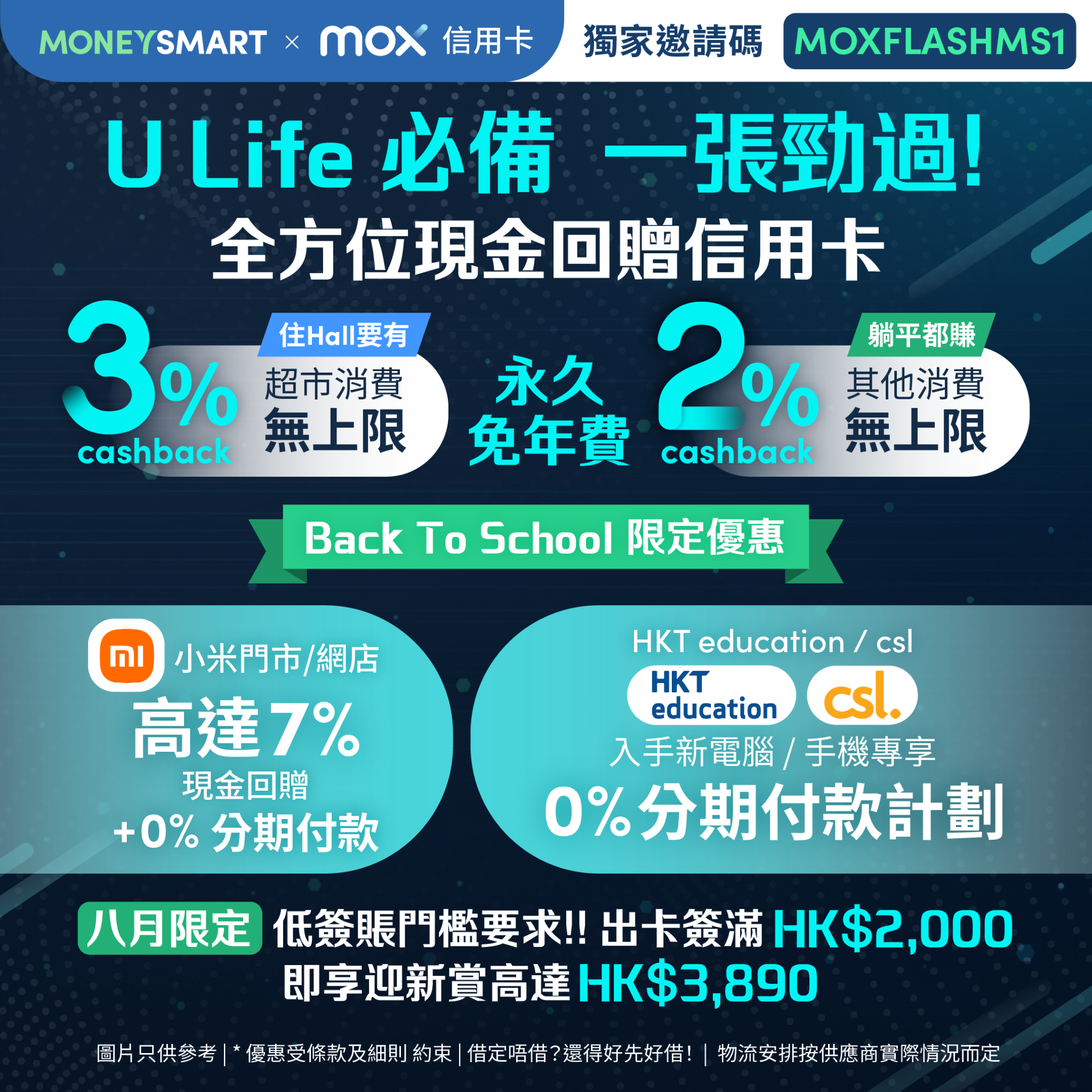 MoneySmart.hk Facebook ad: 用【MOXFLASHMS1】出 Mox 信用卡 獨家送高達 HK$3,890 獎賞直送到家 + 額外送 HK$500…