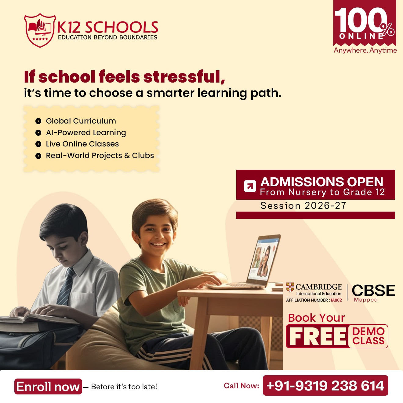 K12 Schools Facebook ad: Admissions Open | 100% Online School