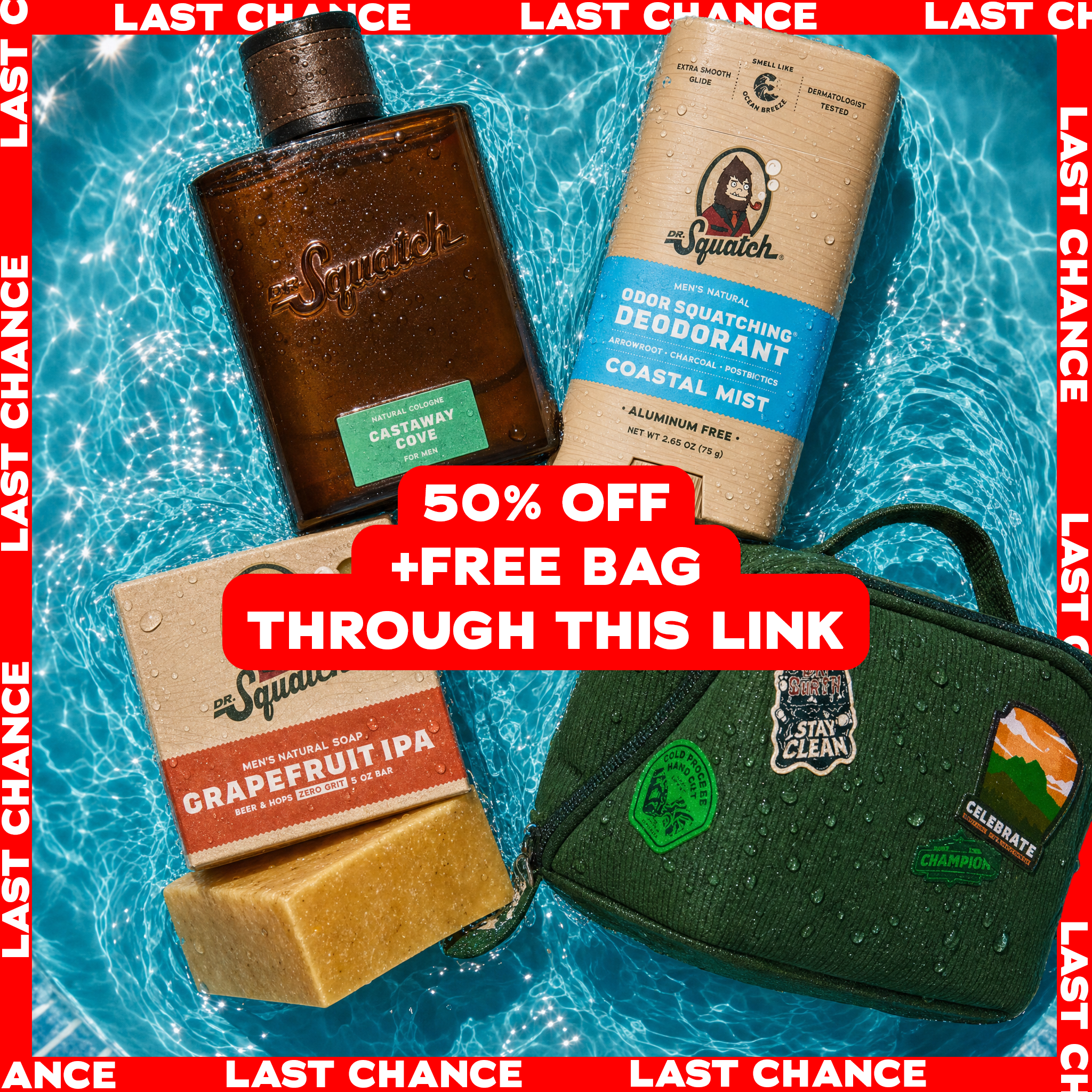 Dr. Squatch Facebook ad: FREE TOILETRY BAG + 50% OFF