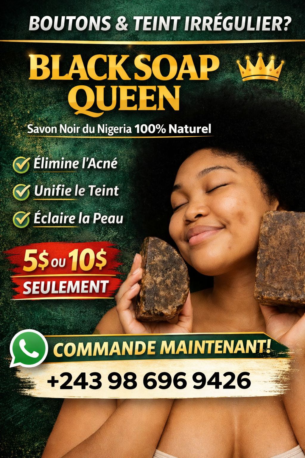 Black Soap Queen cosmétique Facebook ad: Teint noirci, taches ou peau irrégulière?