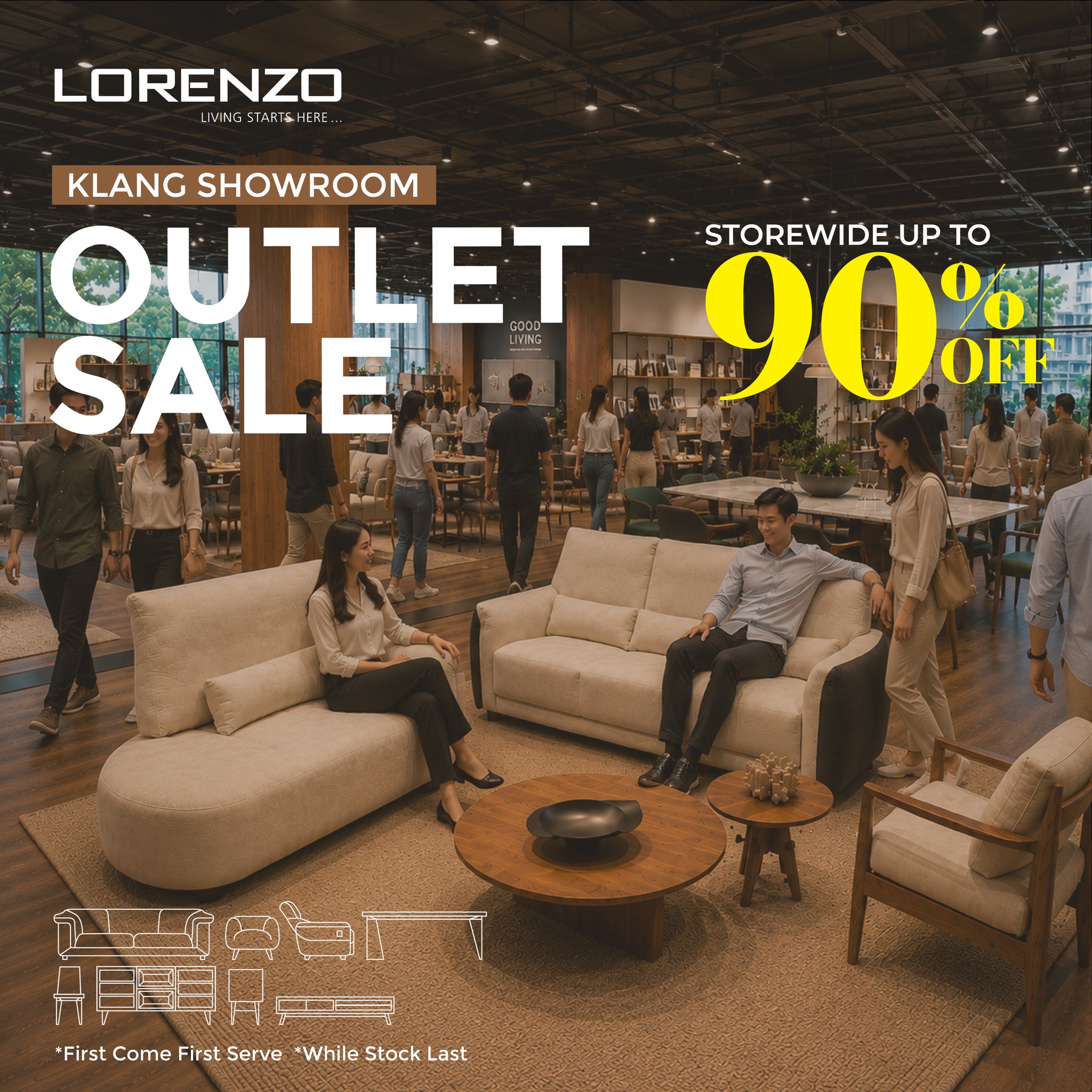 Lorenzo Furniture Malaysia Facebook ad: LORENZO KLANG OUTLET CLEARANCE EVENT, UP TO 90%…