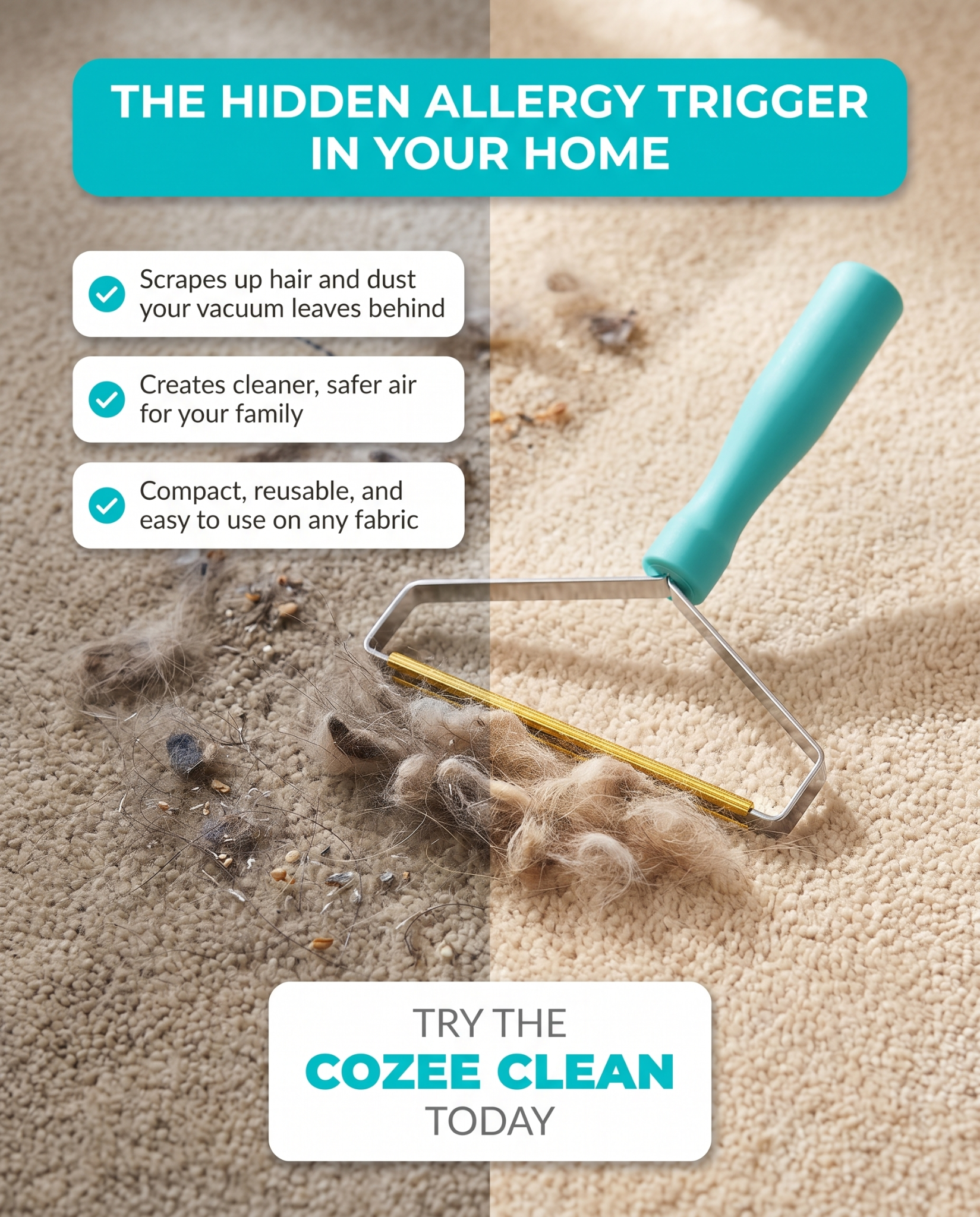 Cozee Clean Facebook ad: The #1 Pet Hair/Lint/Dust Cleaner