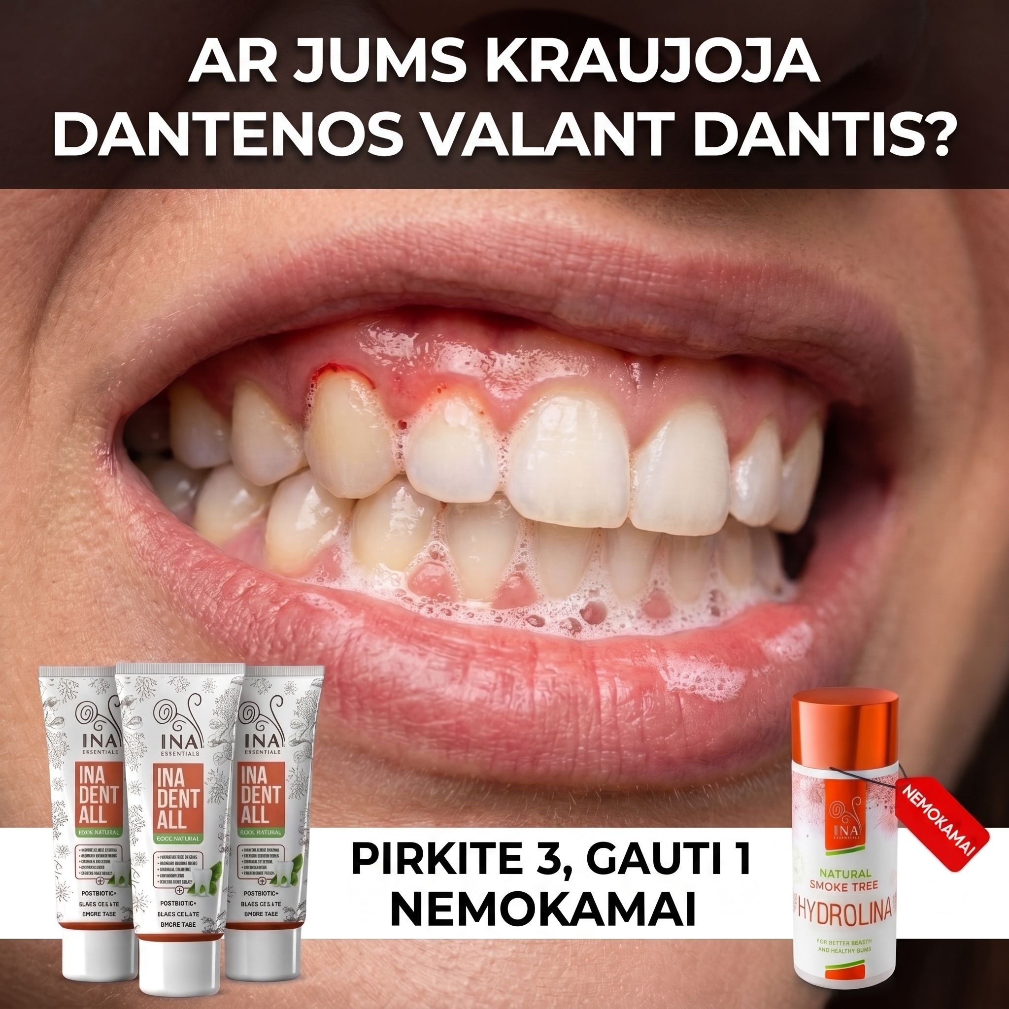 Šeimos Organinė Kosmetika - InaEssentials.lt Facebook ad: Pirk 3 dantų pastas, burnos skalavimo skystis dovanų