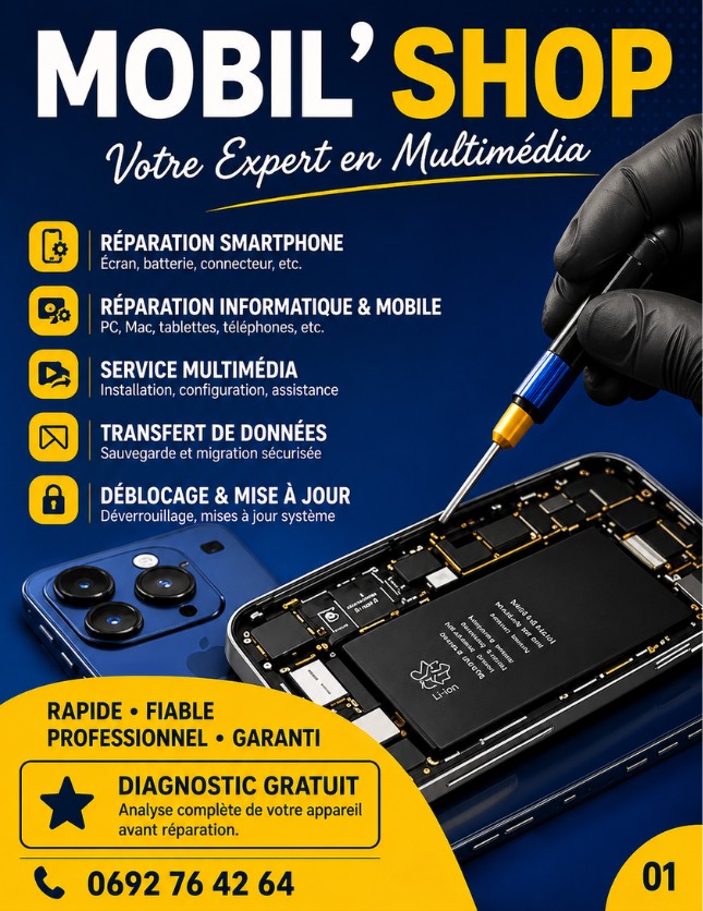 Mobil'shop Facebook ad: Votre telephone est cassé Vous avez un probleme…