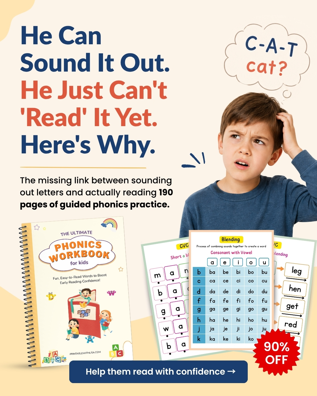 Printable WITH Lisa Facebook ad: He can sound it out now help him actually read it at 90%…