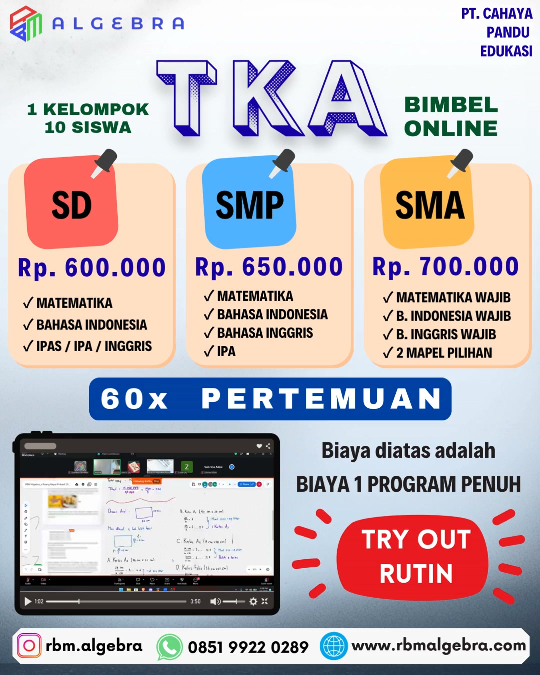 RBM Algebra Facebook ad: BIMBEL TKA ONLINE (SD - SMP - SMA)