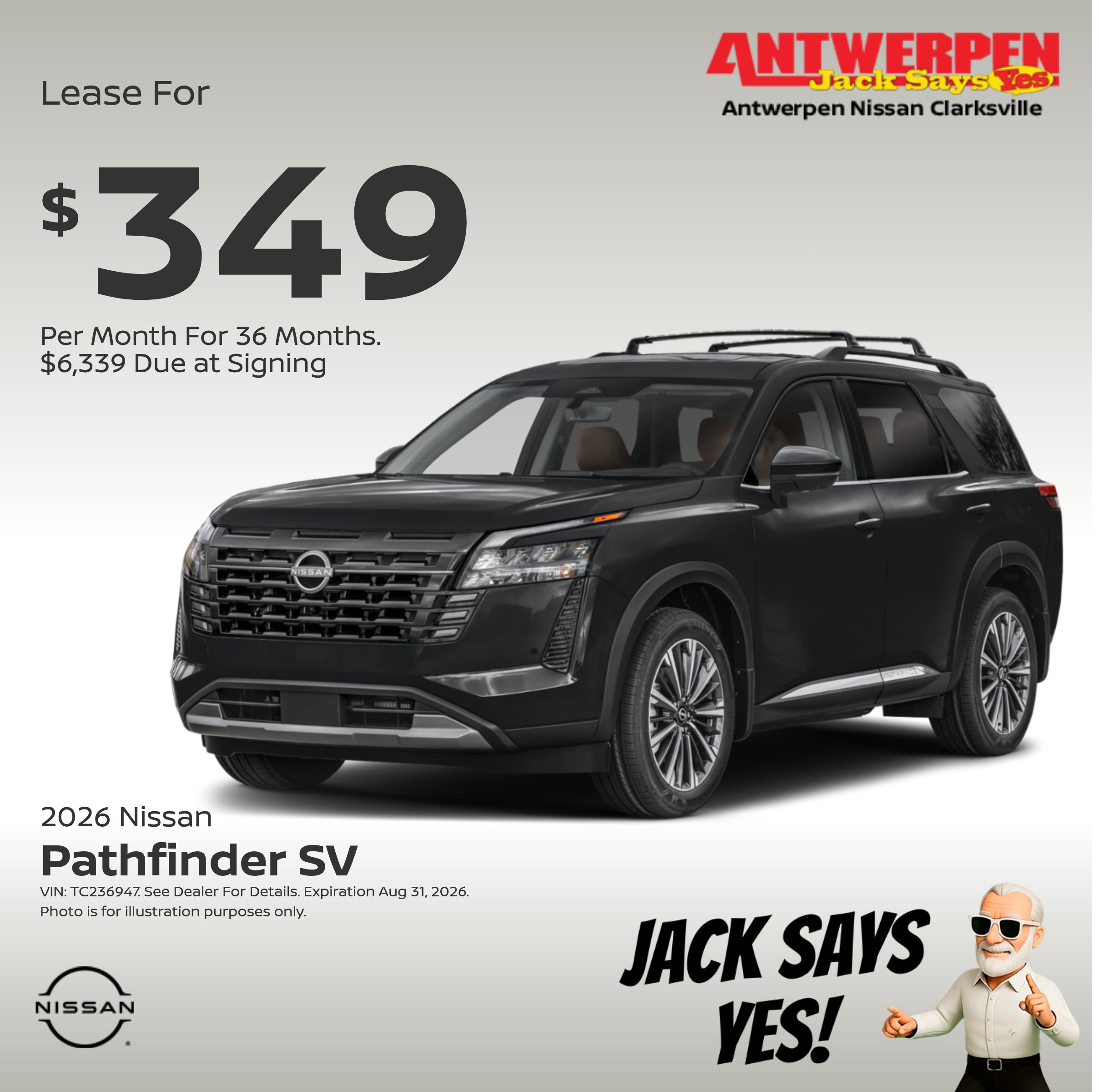 Antwerpen Nissan Of Clarksville Facebook ad from Aug 12, 2026