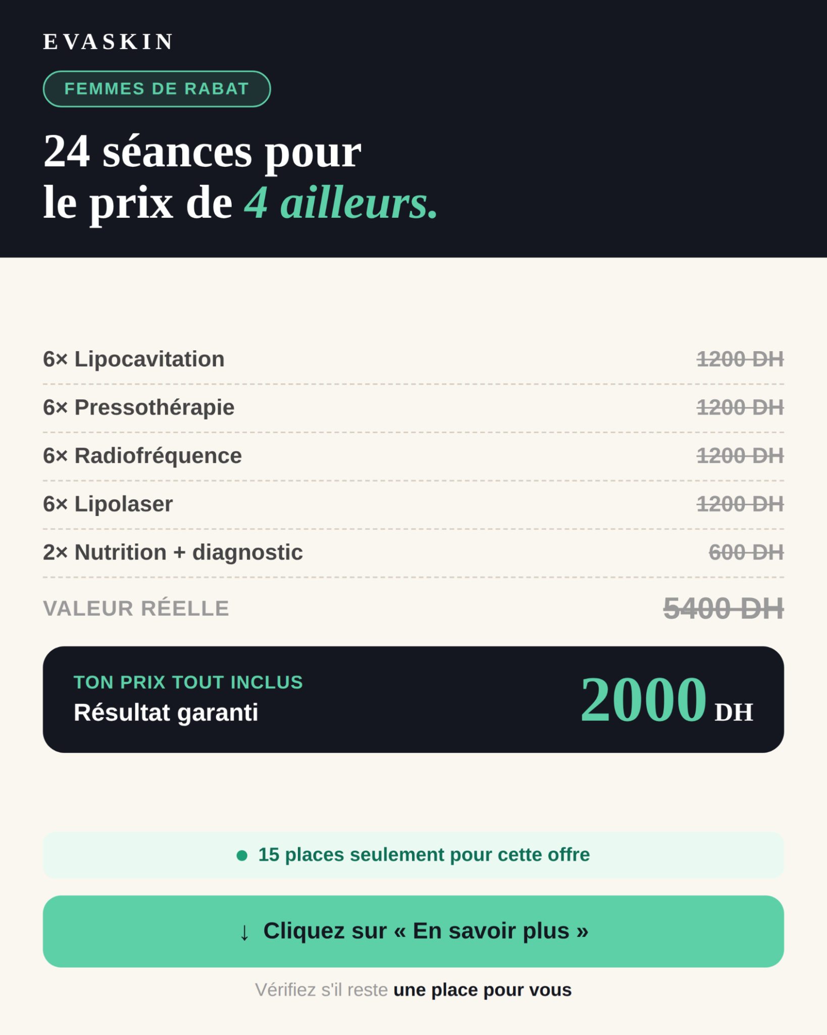 Evaskin Facebook ad: 24 séances · Résultat garanti · 2000 DH