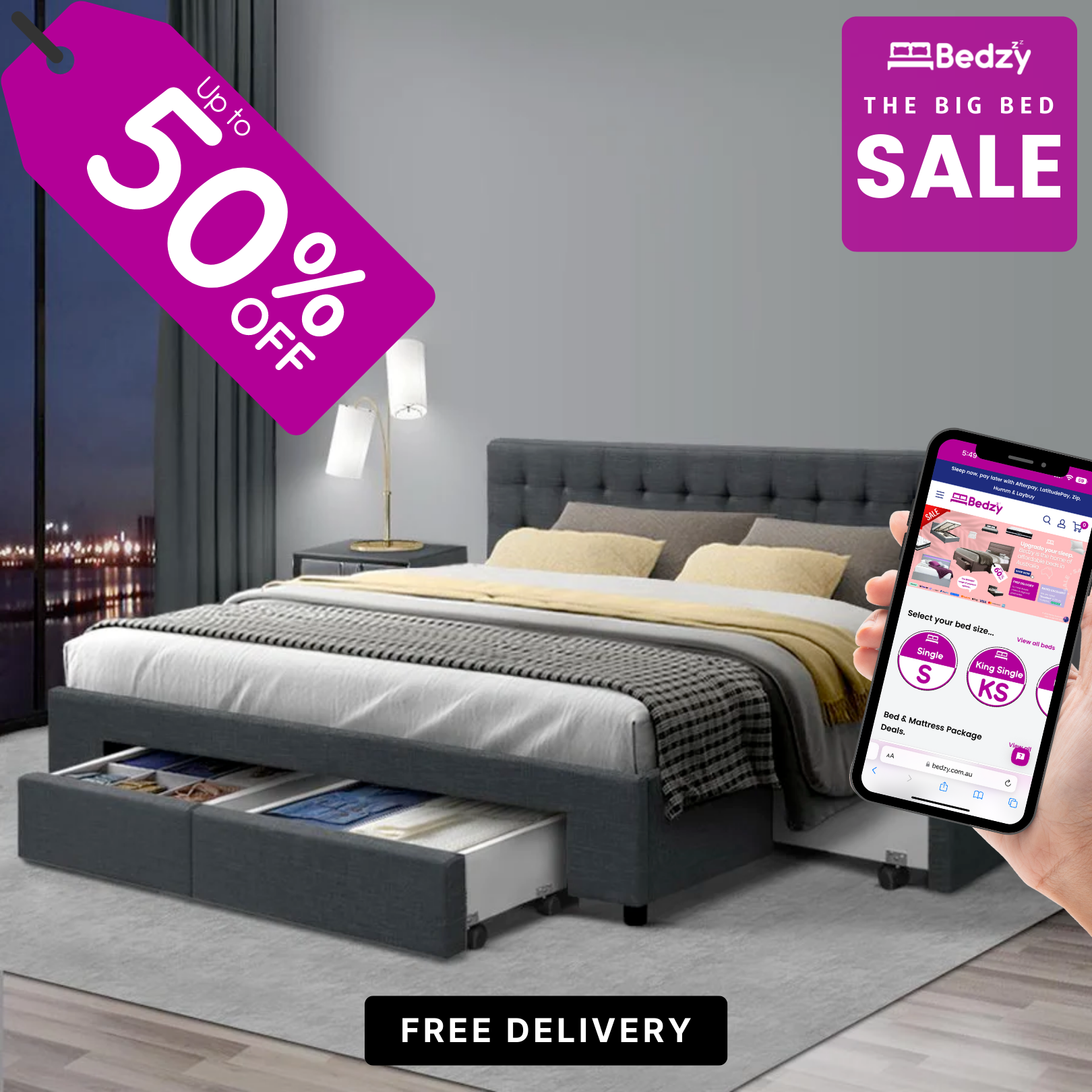 Bedzy Facebook ad: Upgrade your sleep today. Get up to 50% OFF!