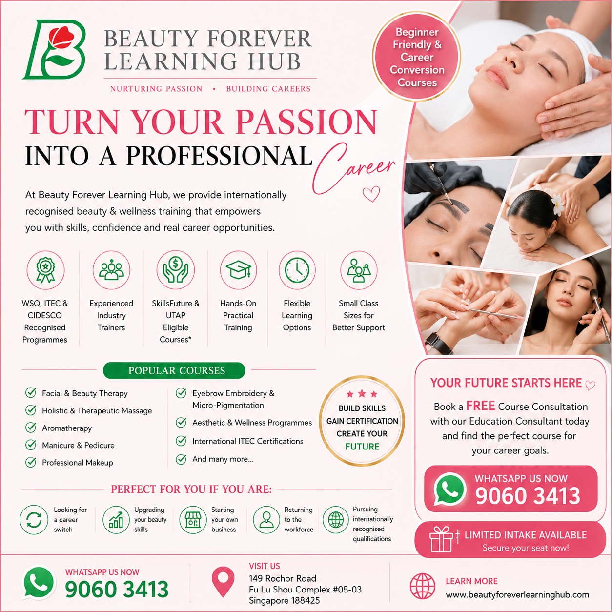 Beauty Forever Learning Hub Pte Ltd Facebook ad: TURN YOUR PASSION FOR BEAUTY INTO A PROFESSIONAL…