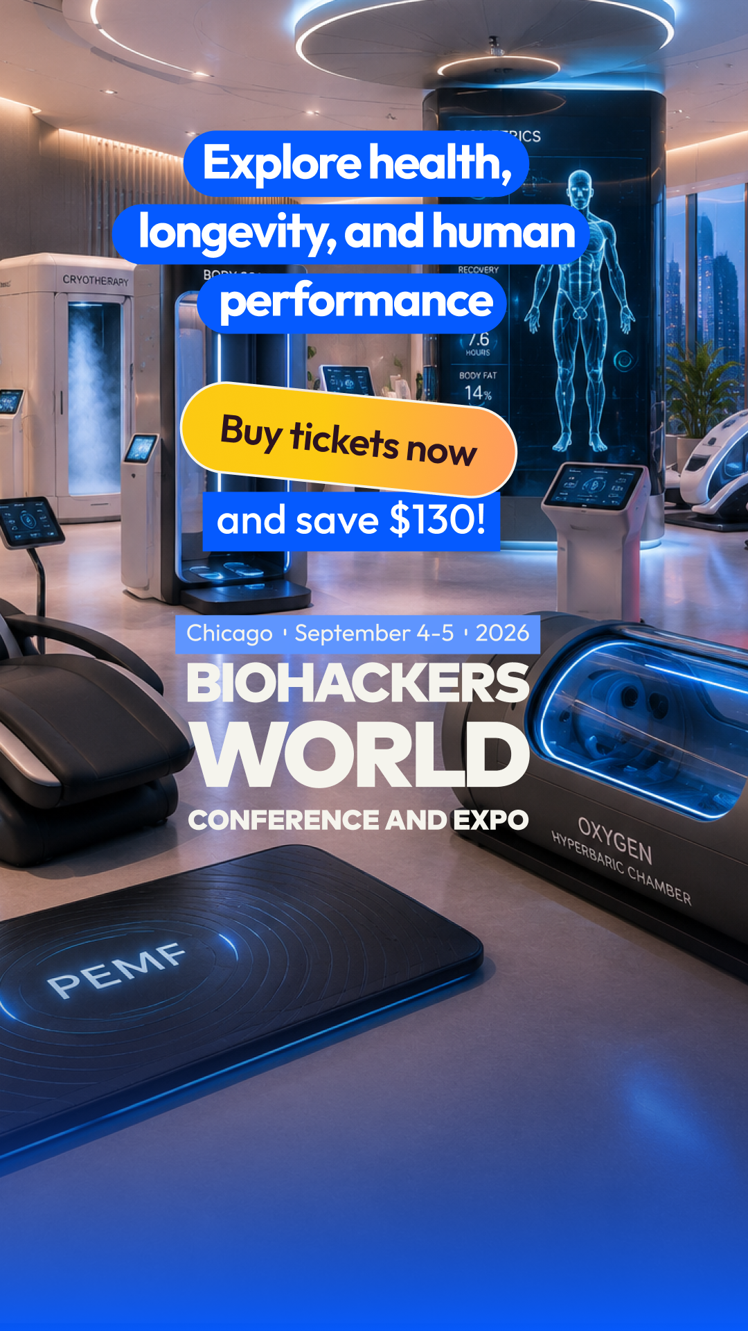 Biohackers World Facebook ad: Buy Tickets