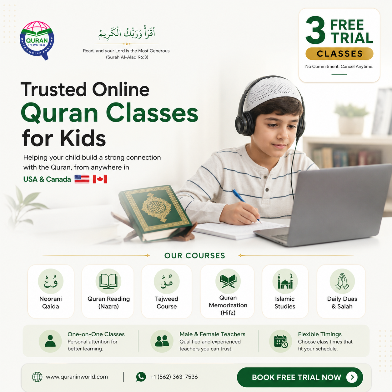Quran In World Facebook ad: Online Quran Classes for Kids, Free Trial Today