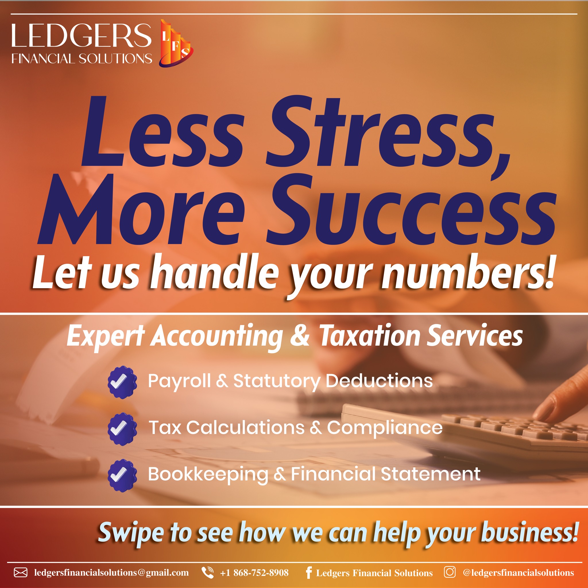 Ledgers Financial Solutions Facebook ad: Less stress, more success!