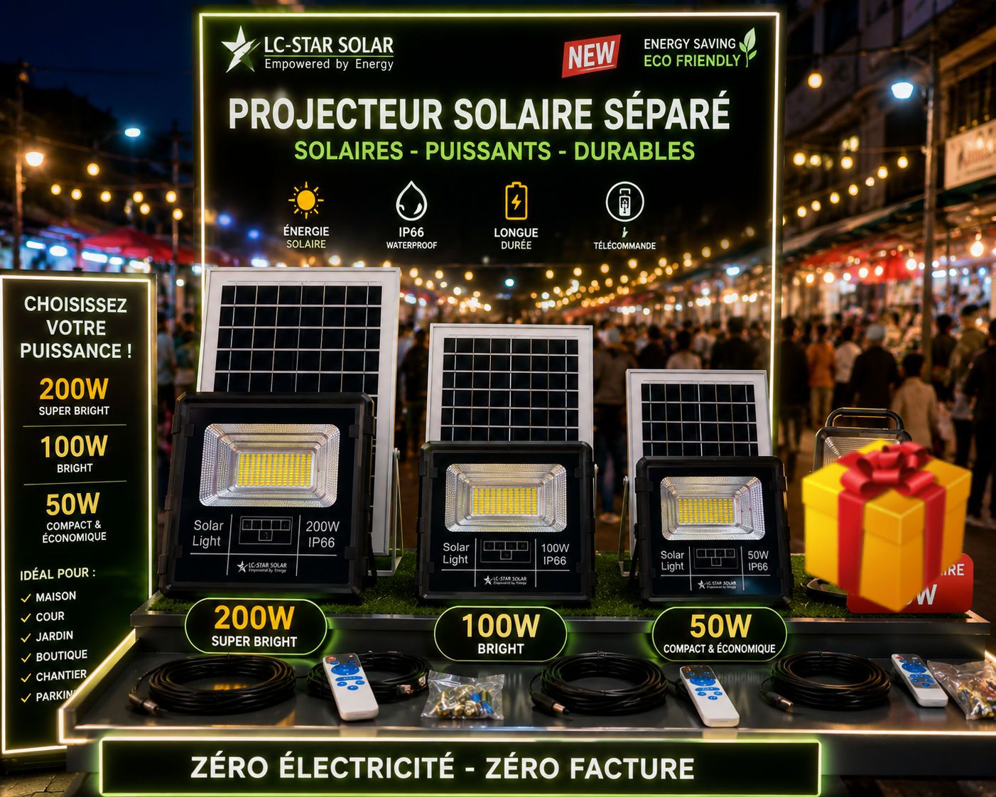 N&J light shop Facebook ad: PROJECTEUR SOLAIRE SÉPARÉ LC-STAR SOLAR
