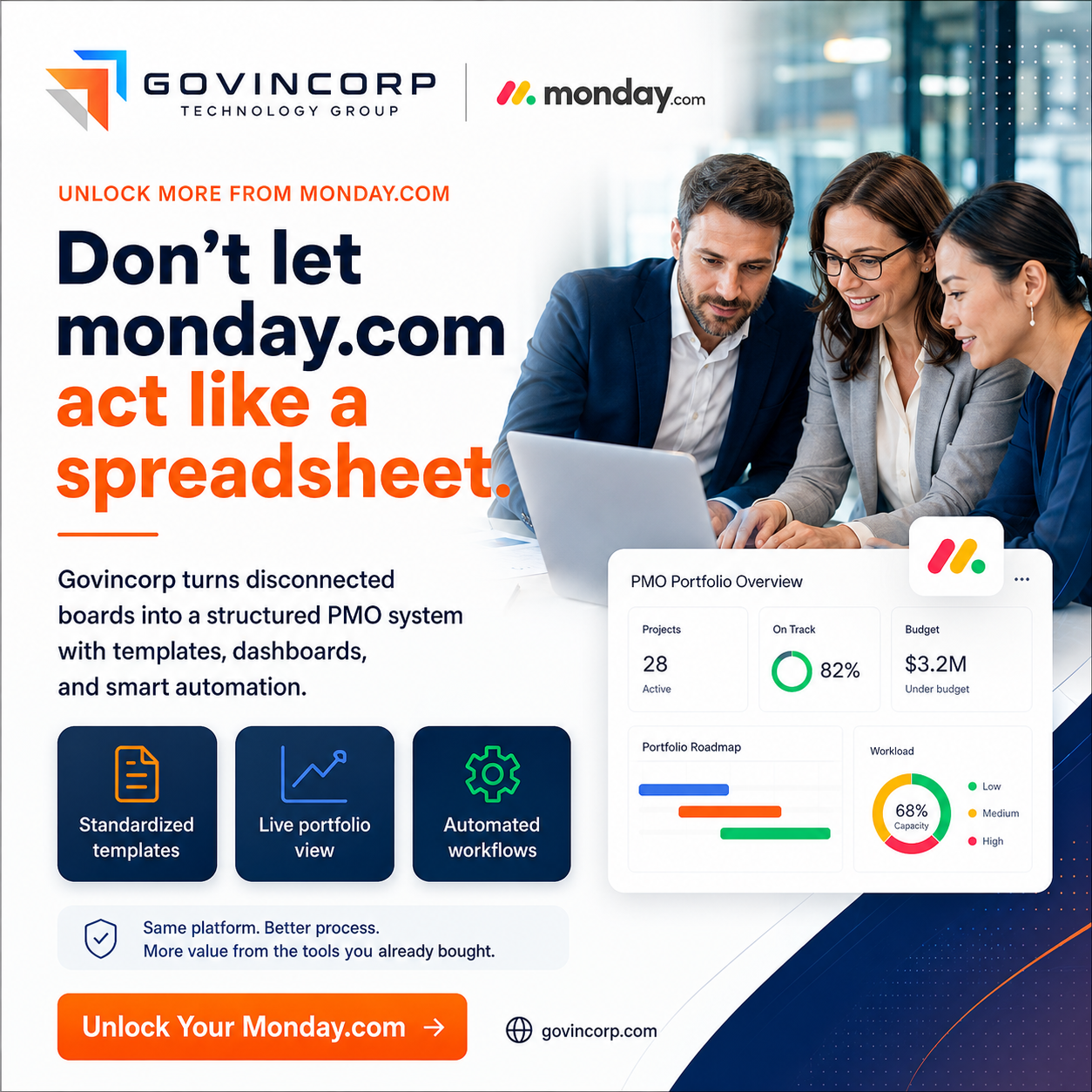 Govincorp Technology Group Facebook ad: Your monday.com Is a Spreadsheet. We Turn It Into a System.